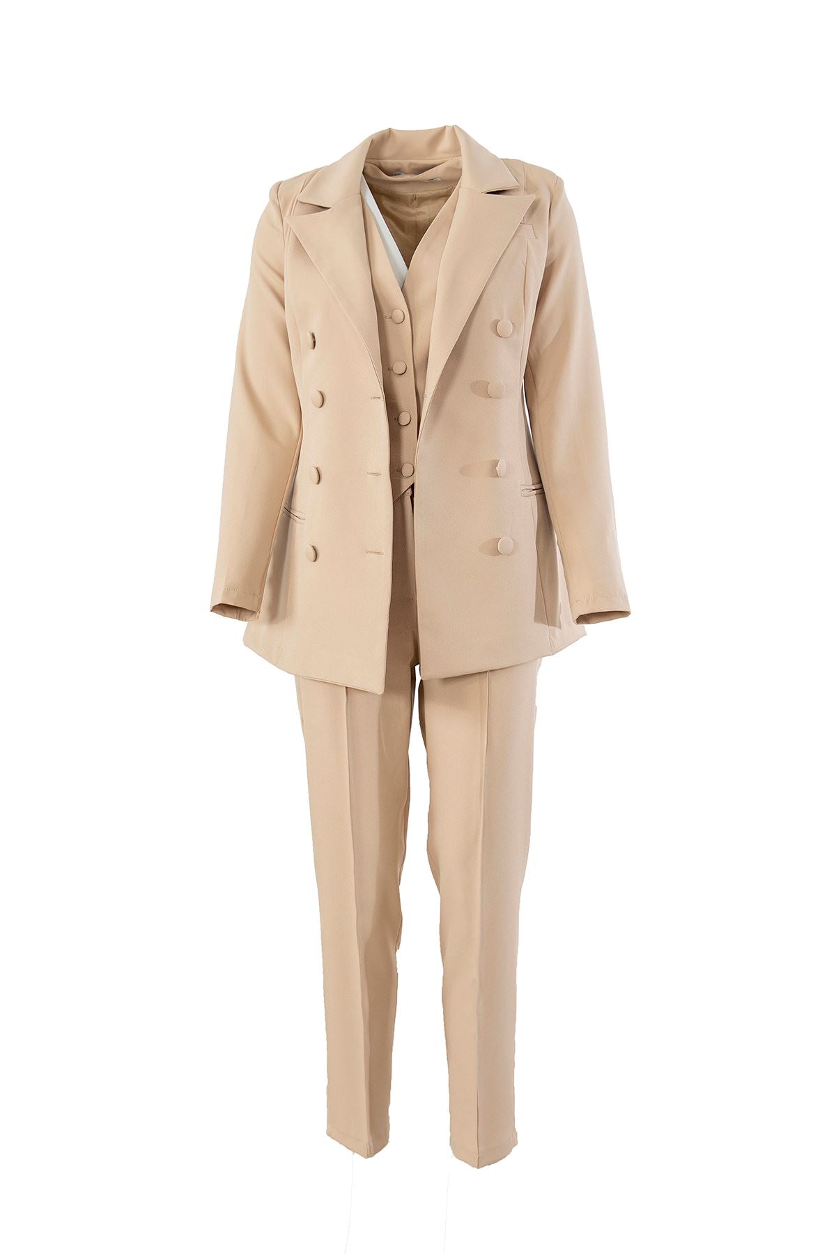 Yelekli Ceket Takım-Bej