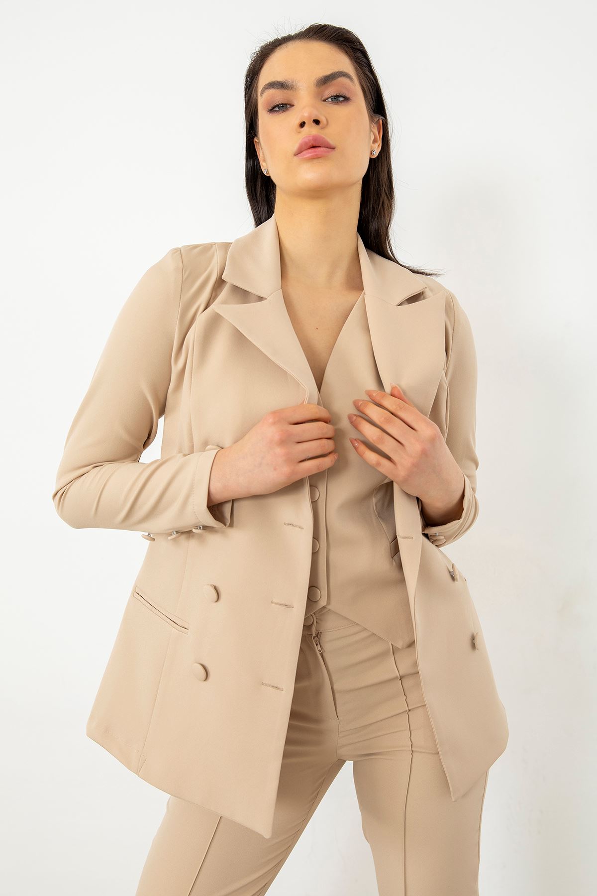 Yelekli Ceket Takım-Bej