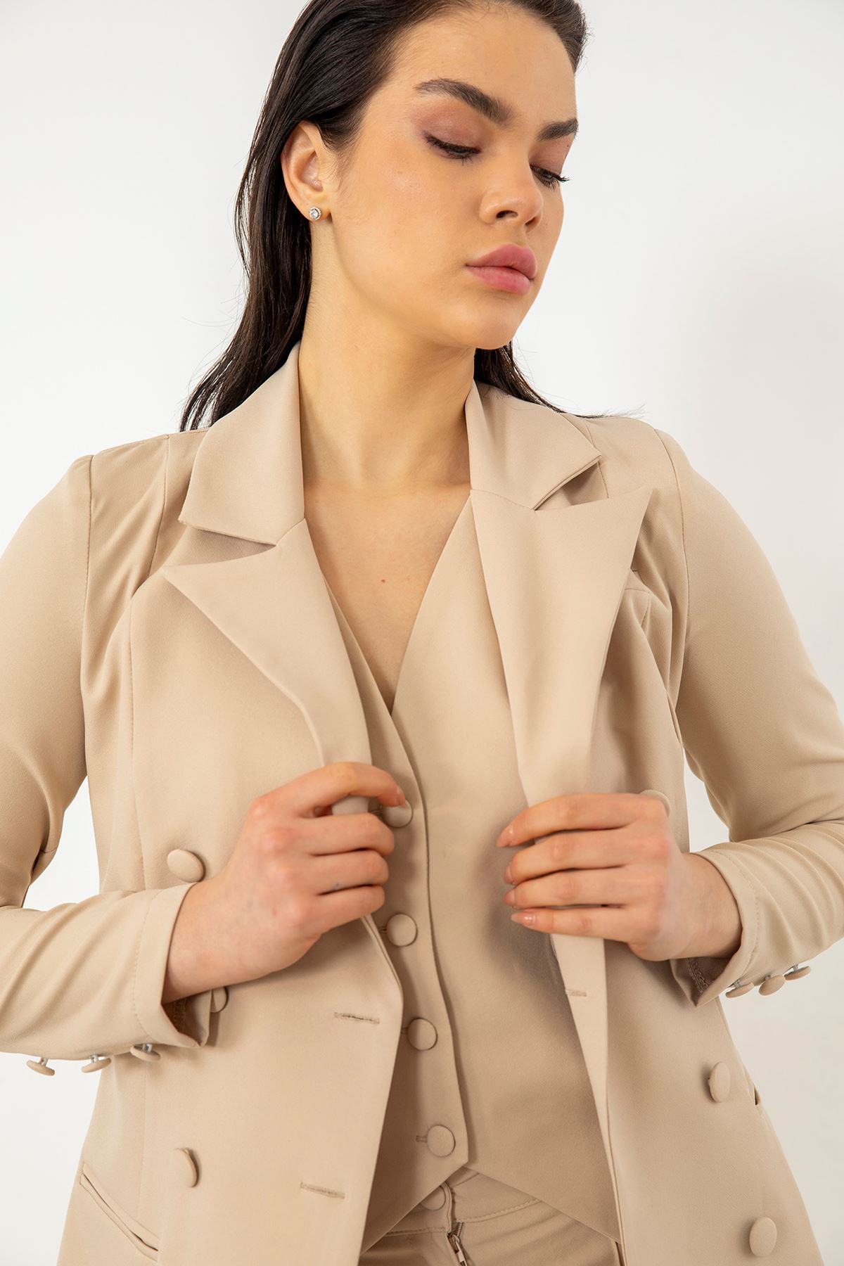 Yelekli Ceket Takım-Bej