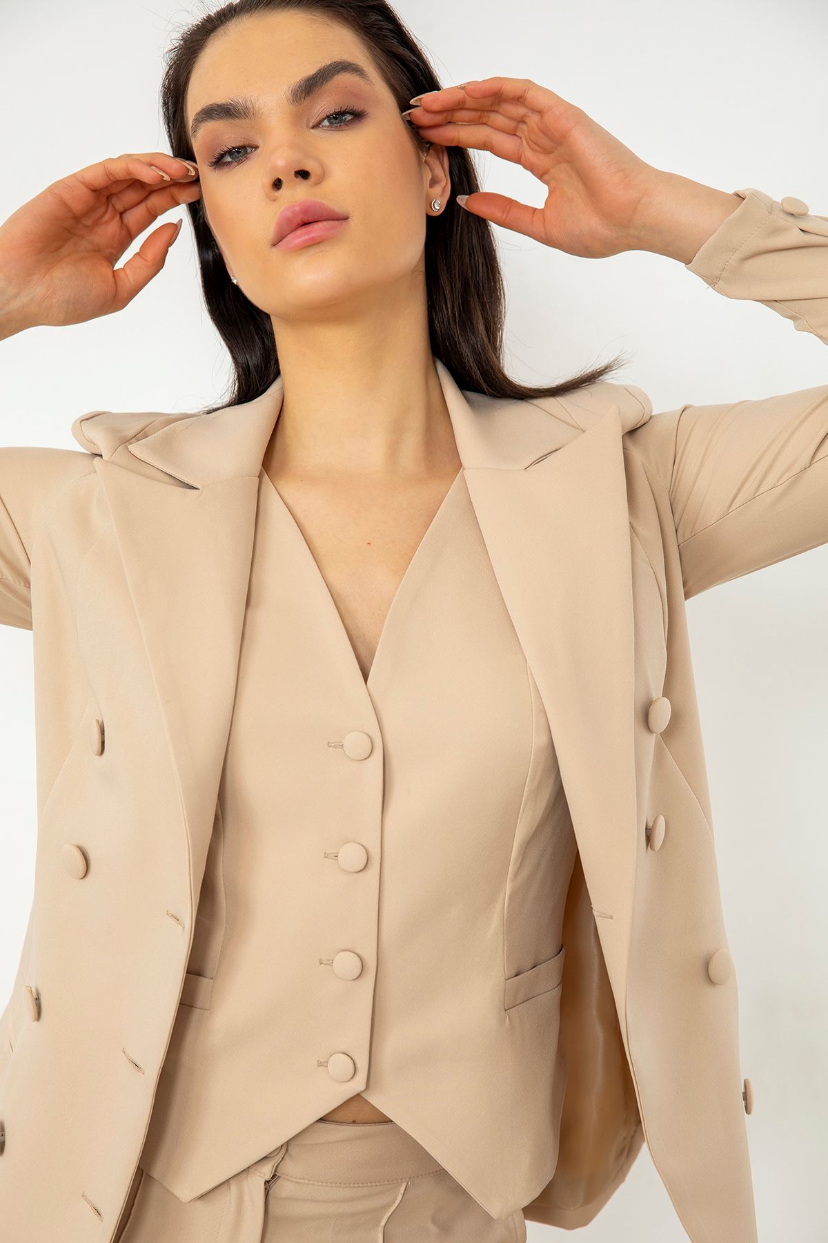 Yelekli Ceket Takım-Bej