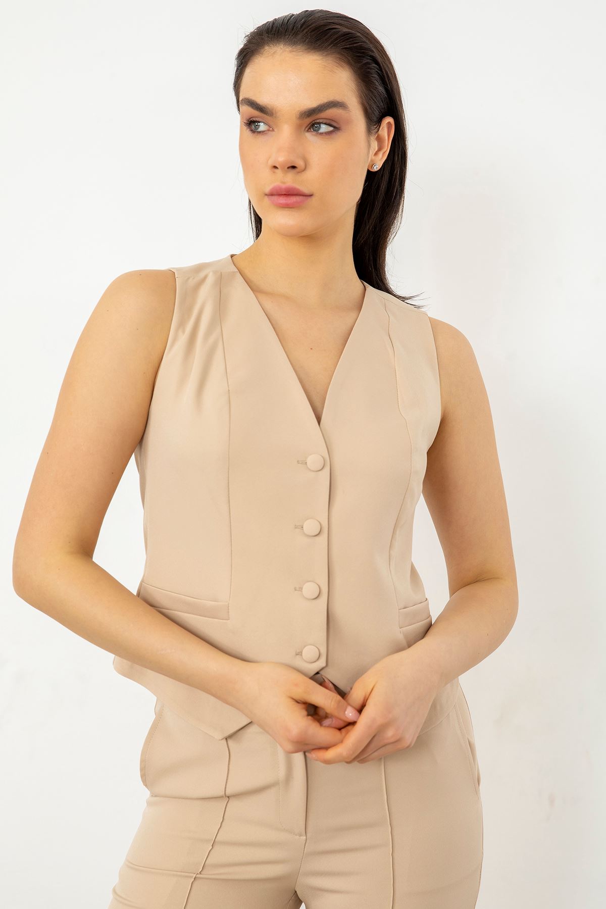 Yelekli Ceket Takım-Bej