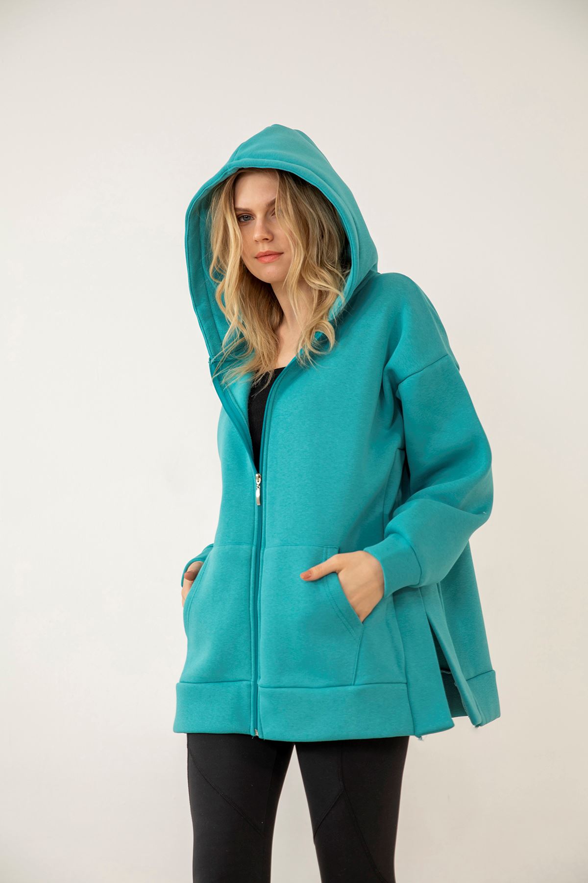 Kapşonlu Fermuarlı Sweatshirt-Mint