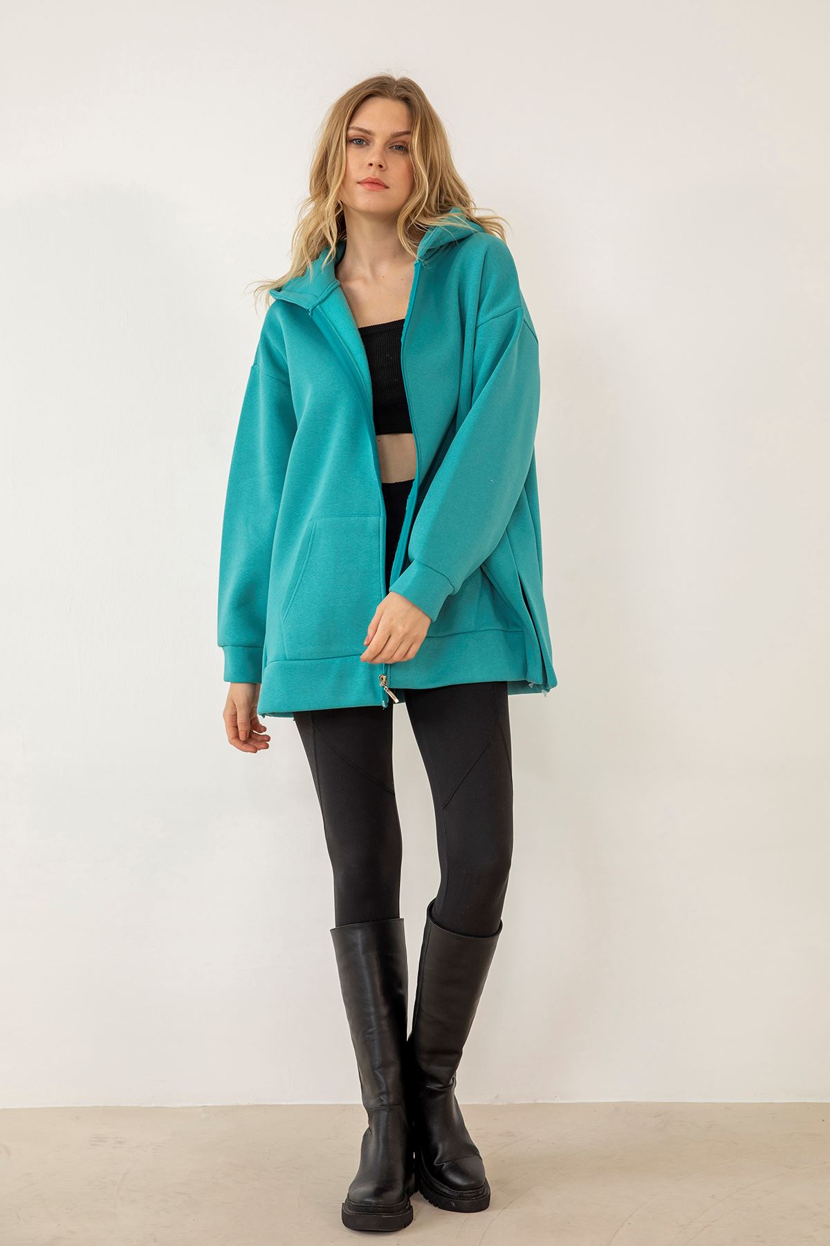 Kapşonlu Fermuarlı Sweatshirt-Mint