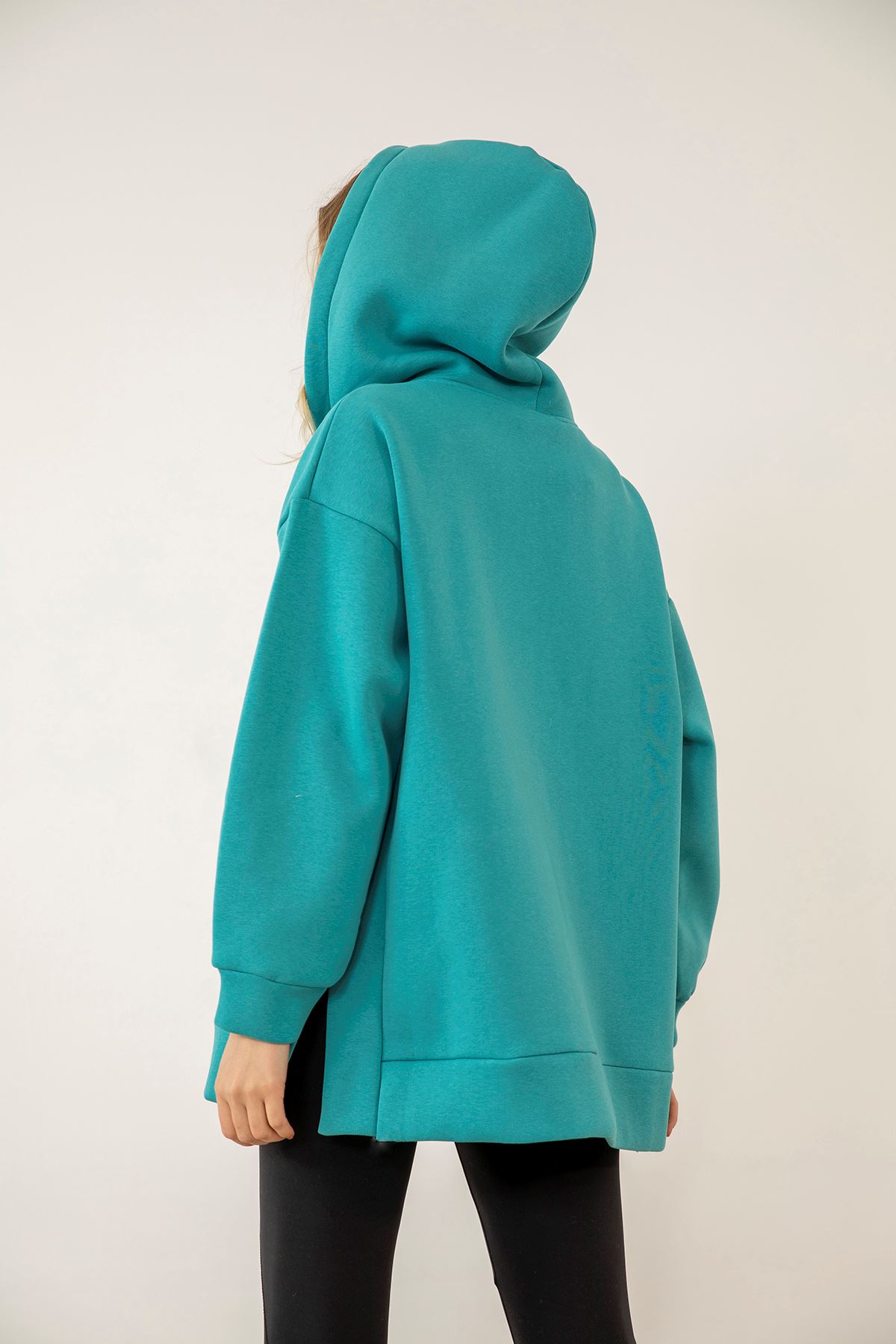 Kapşonlu Fermuarlı Sweatshirt-Mint