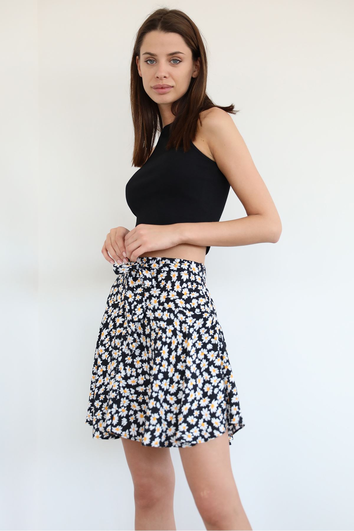 Desenli Şort Etek-Siyah