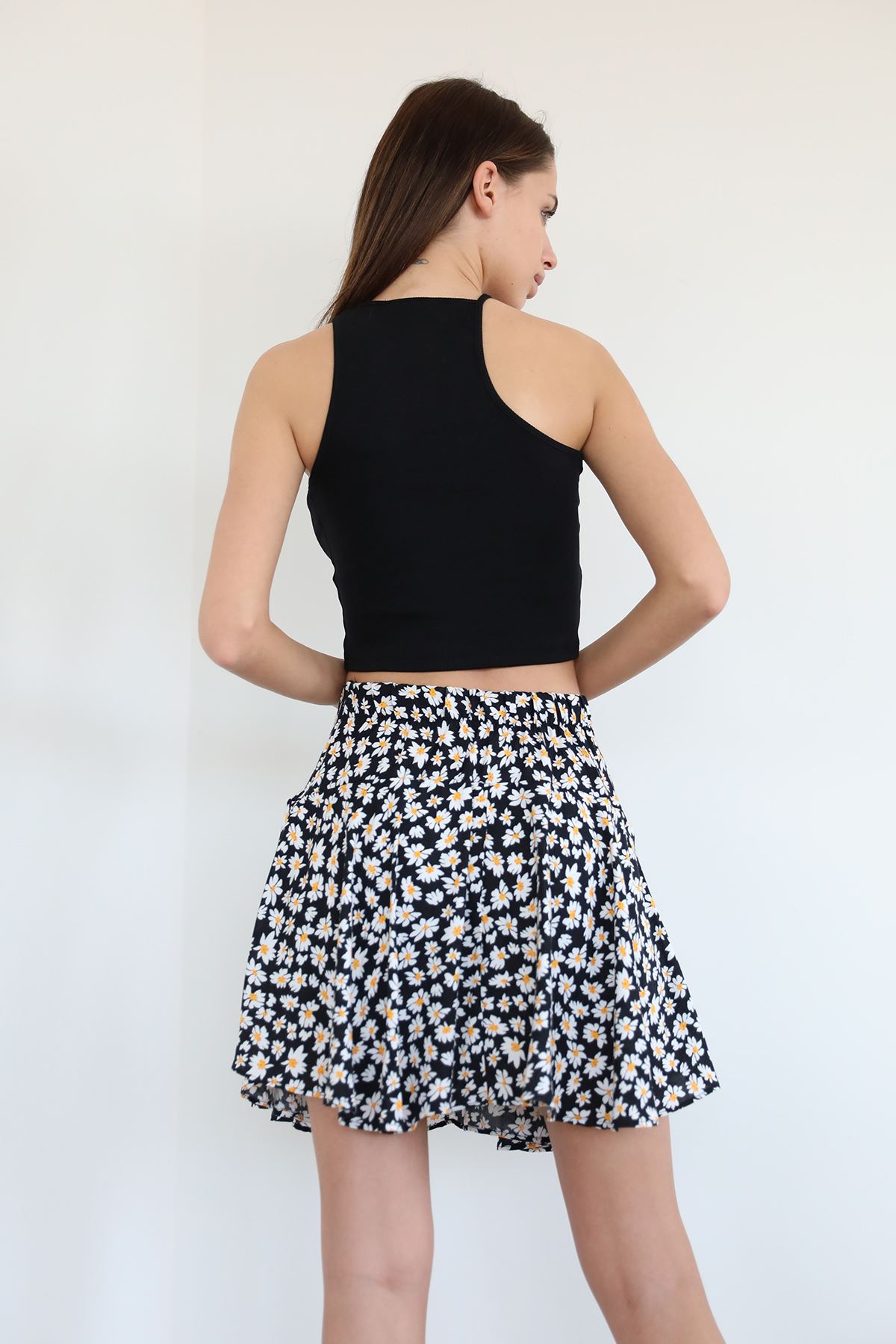 Desenli Şort Etek-Siyah