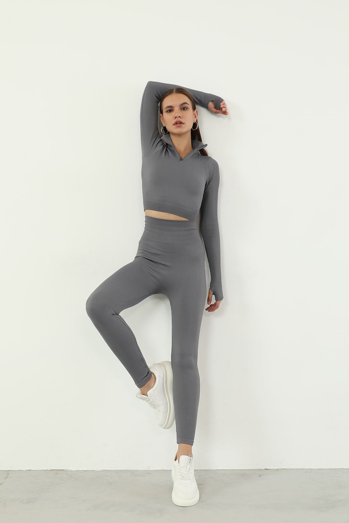 Fermuarlı Tayt Takım-Gri