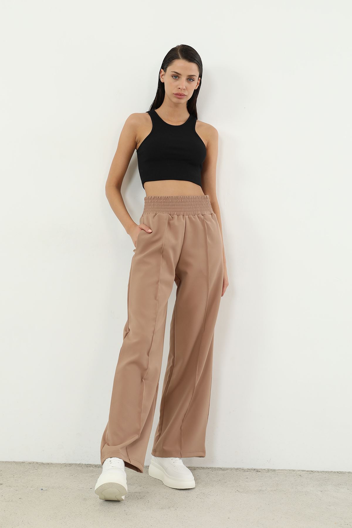 Yüksek Bel Bol Paça Pantolon-Bej