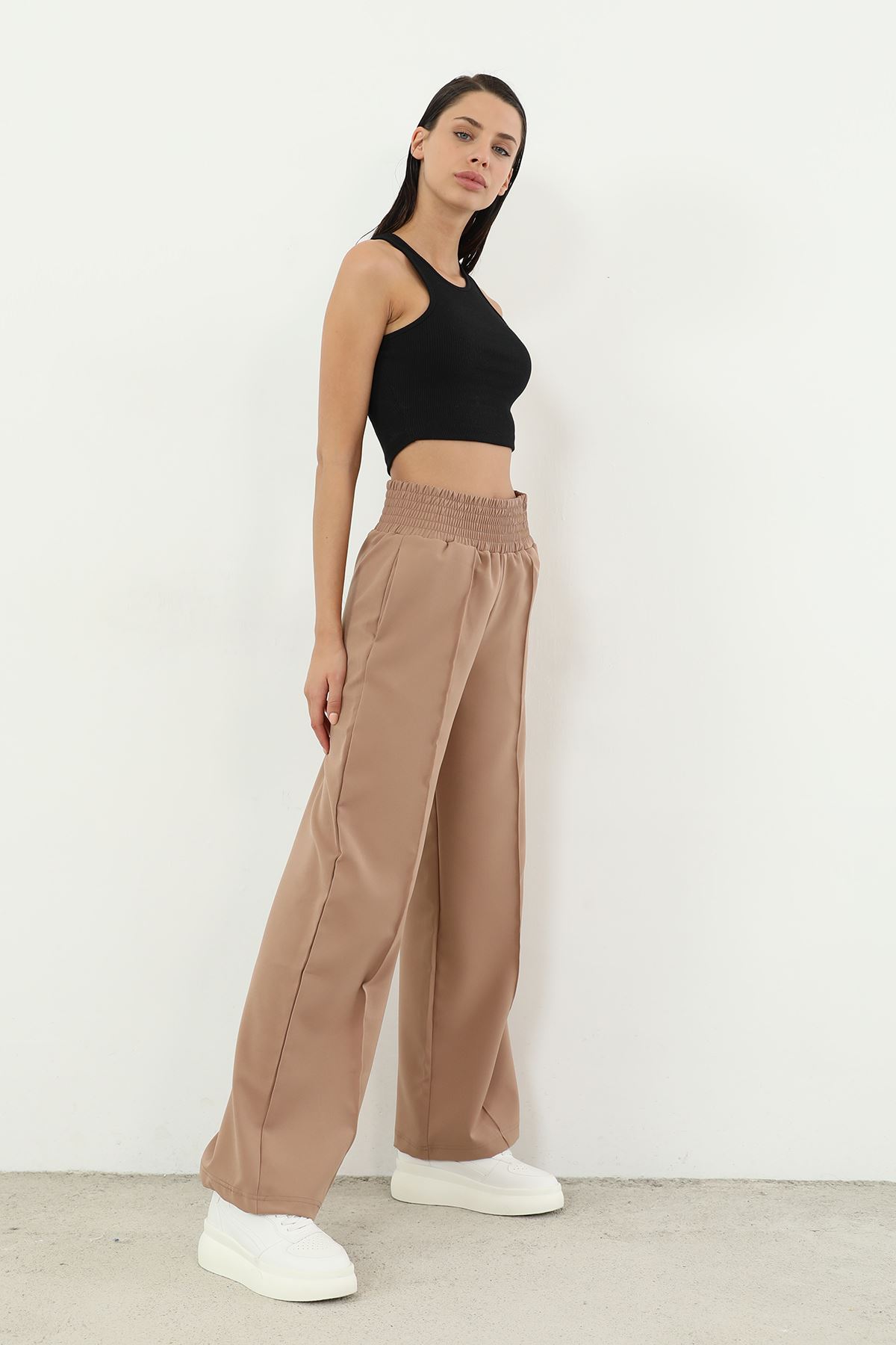 Yüksek Bel Bol Paça Pantolon-Bej