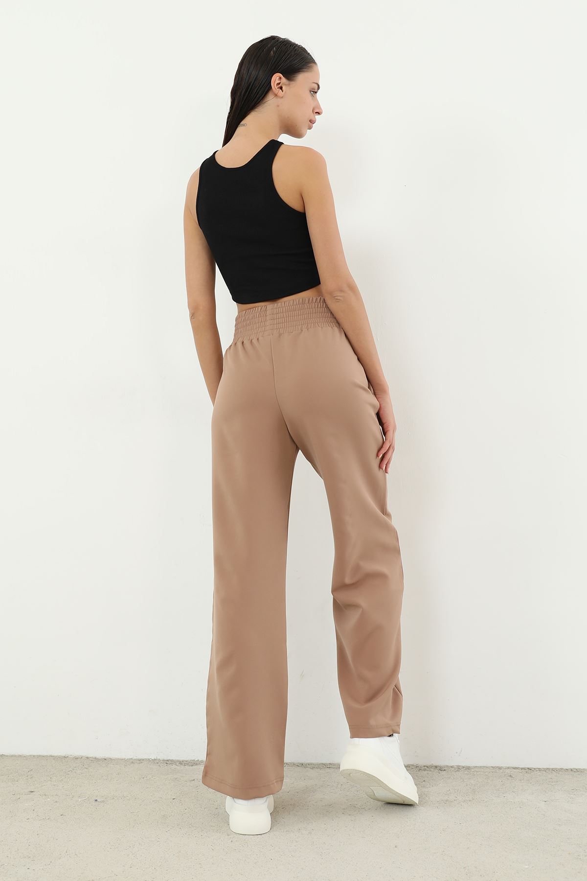 Yüksek Bel Bol Paça Pantolon-Bej
