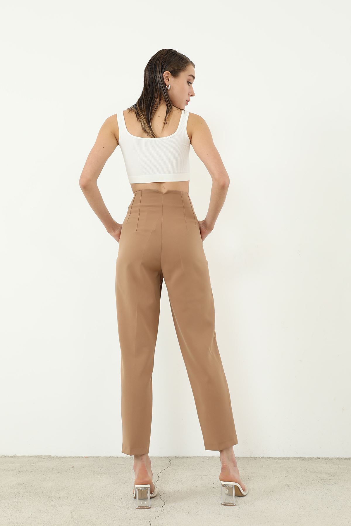 Yüksek Bel Kumaş Pantolon-Camel