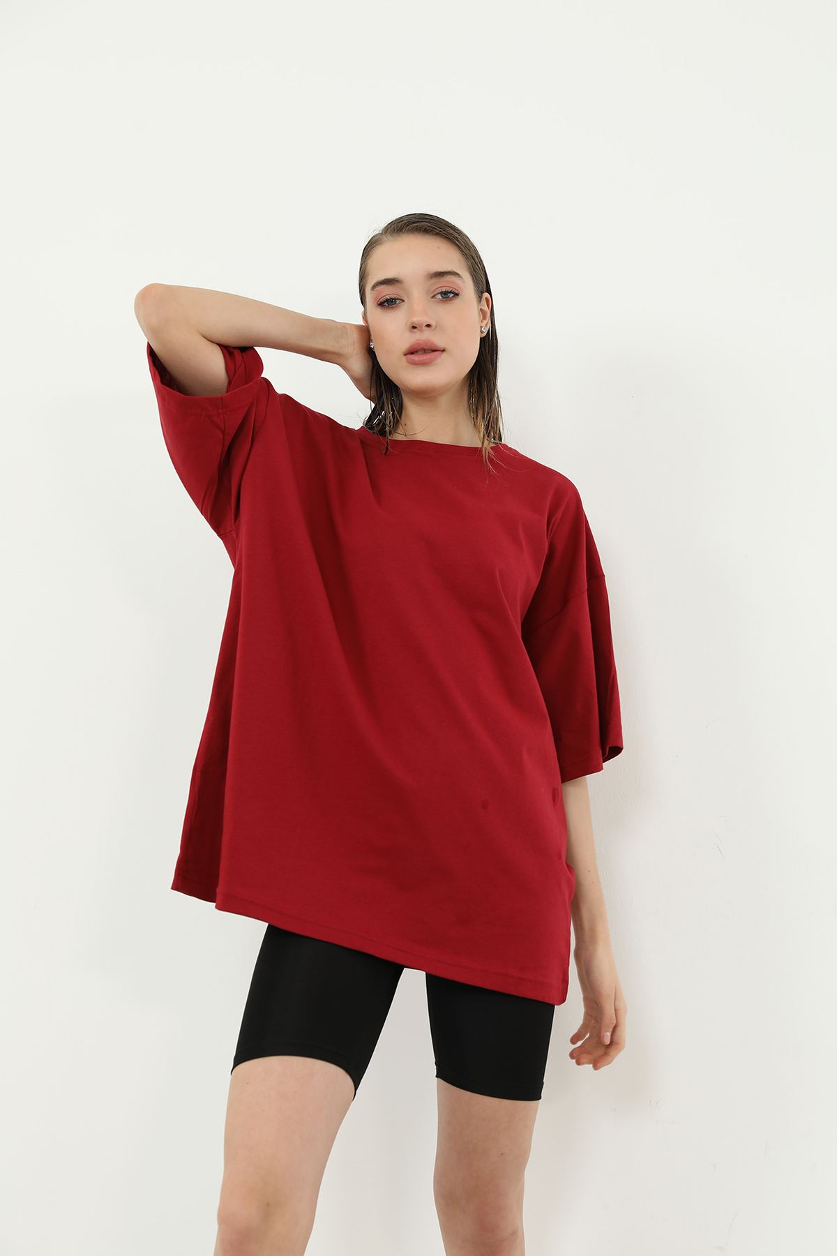 Yarım Kol Oversize T-shirt-Bordo
