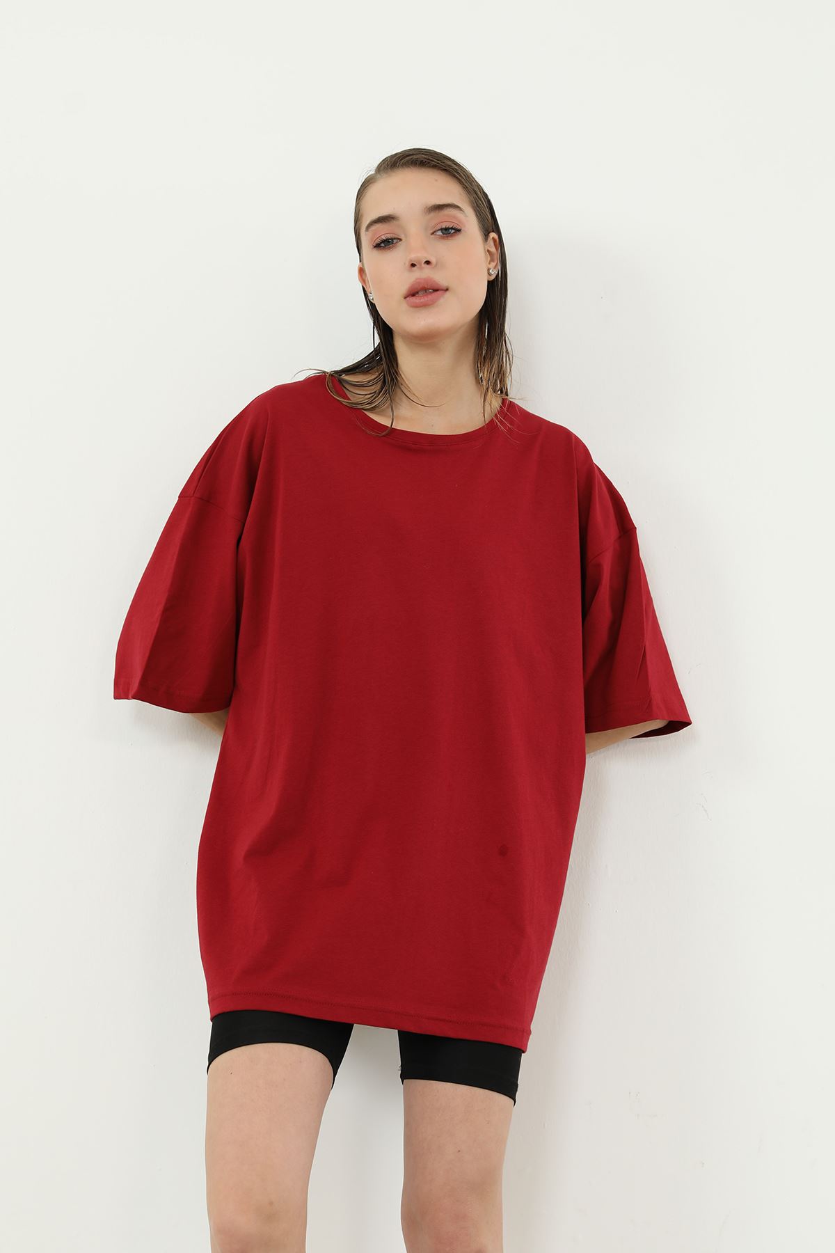 Yarım Kol Oversize T-shirt-Bordo