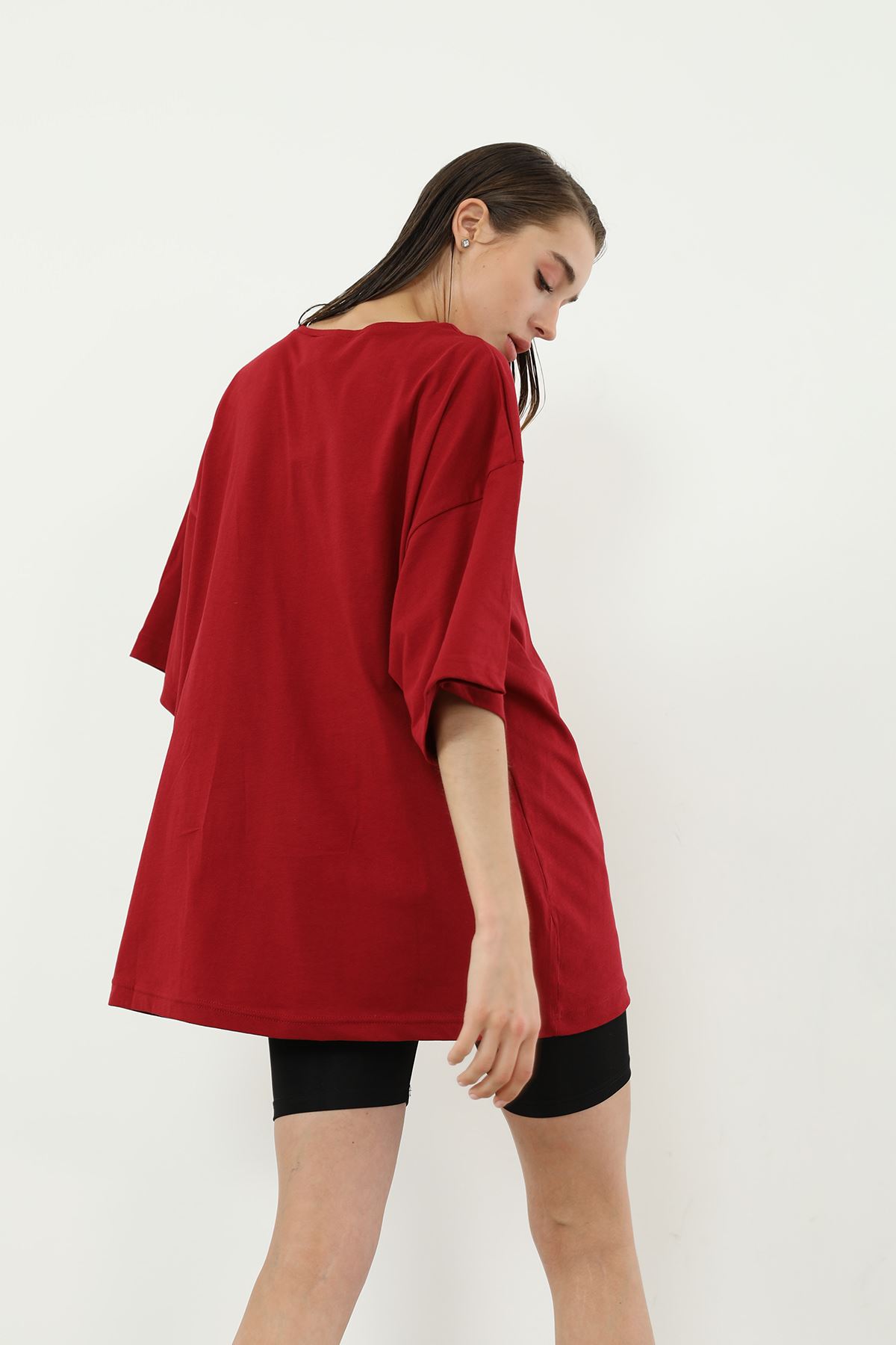 Yarım Kol Oversize T-shirt-Bordo