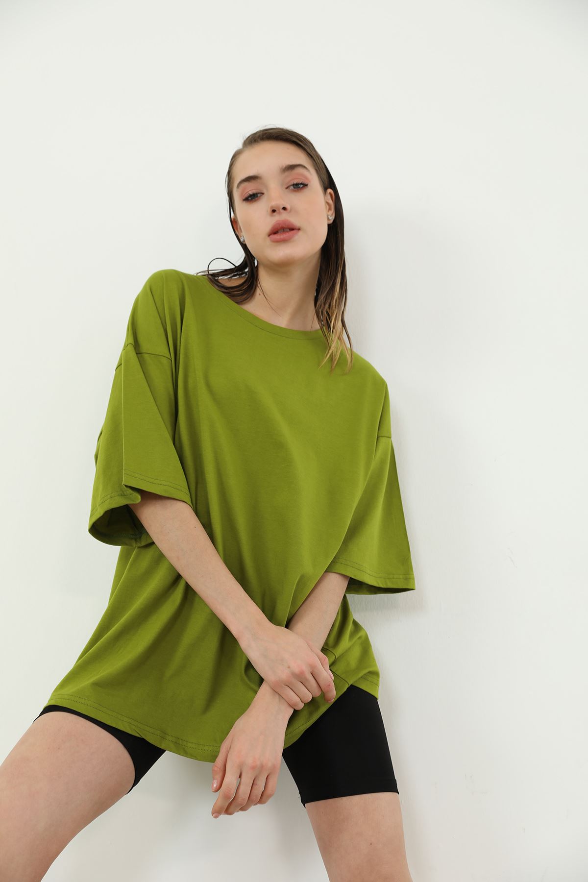 Yarım Kol Oversize T-shirt-YAĞ YEŞİLİ