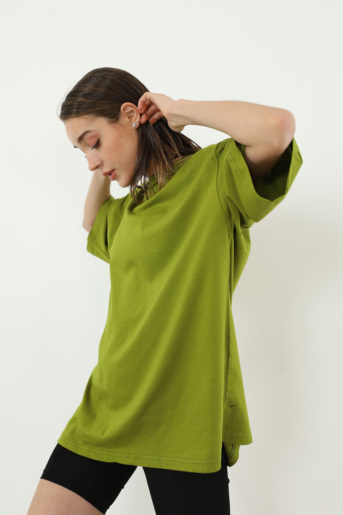 Yarım Kol Oversize T-shirt-YAĞ YEŞİLİ