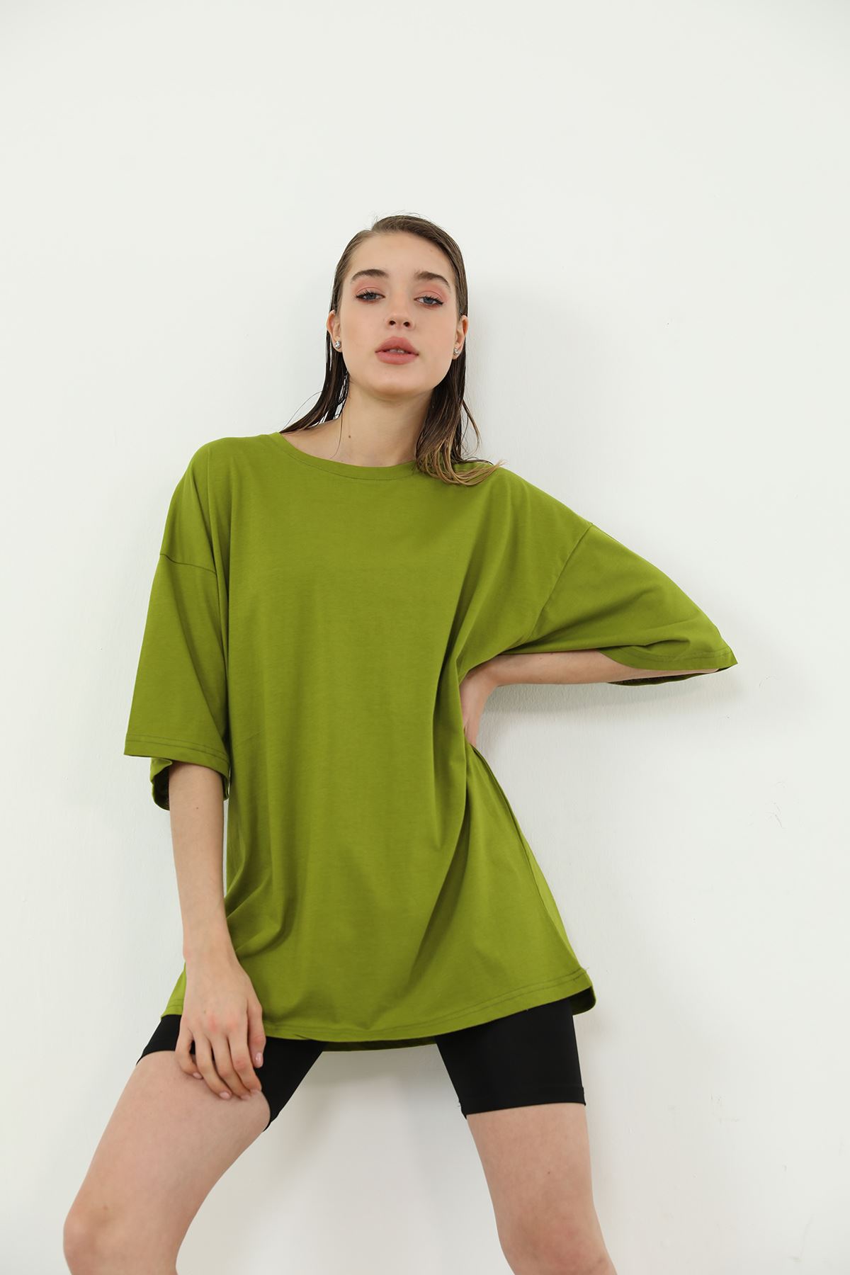Yarım Kol Oversize T-shirt-YAĞ YEŞİLİ