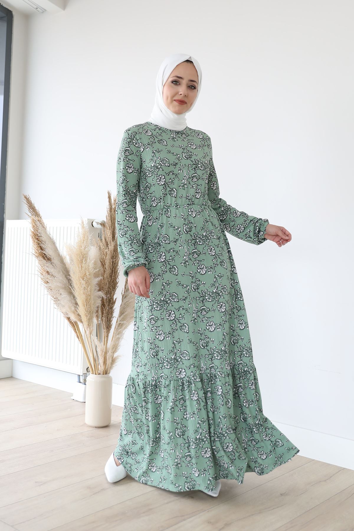 Eteği Fırfırlı Elbise-Mint