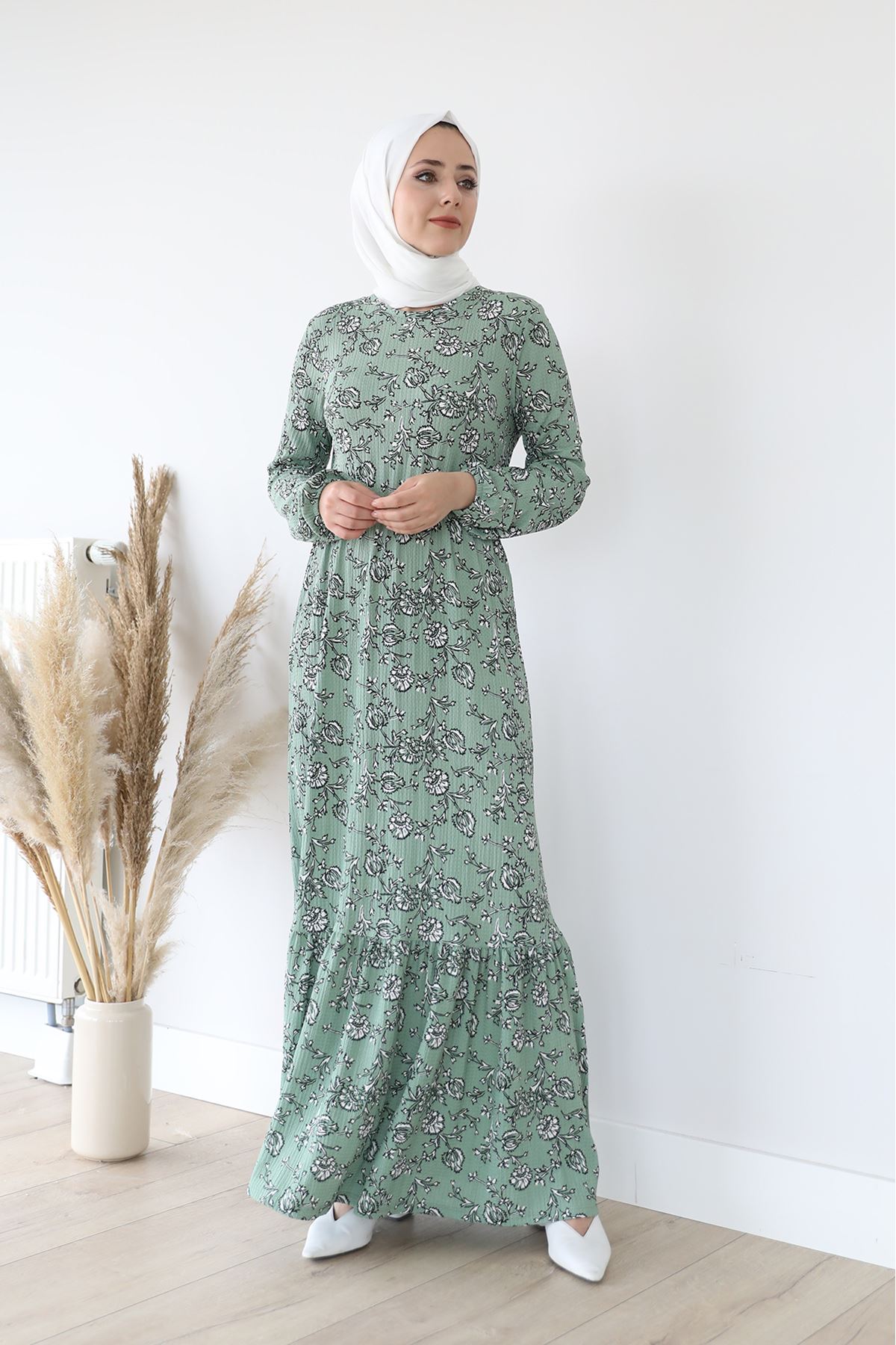 Eteği Fırfırlı Elbise-Mint