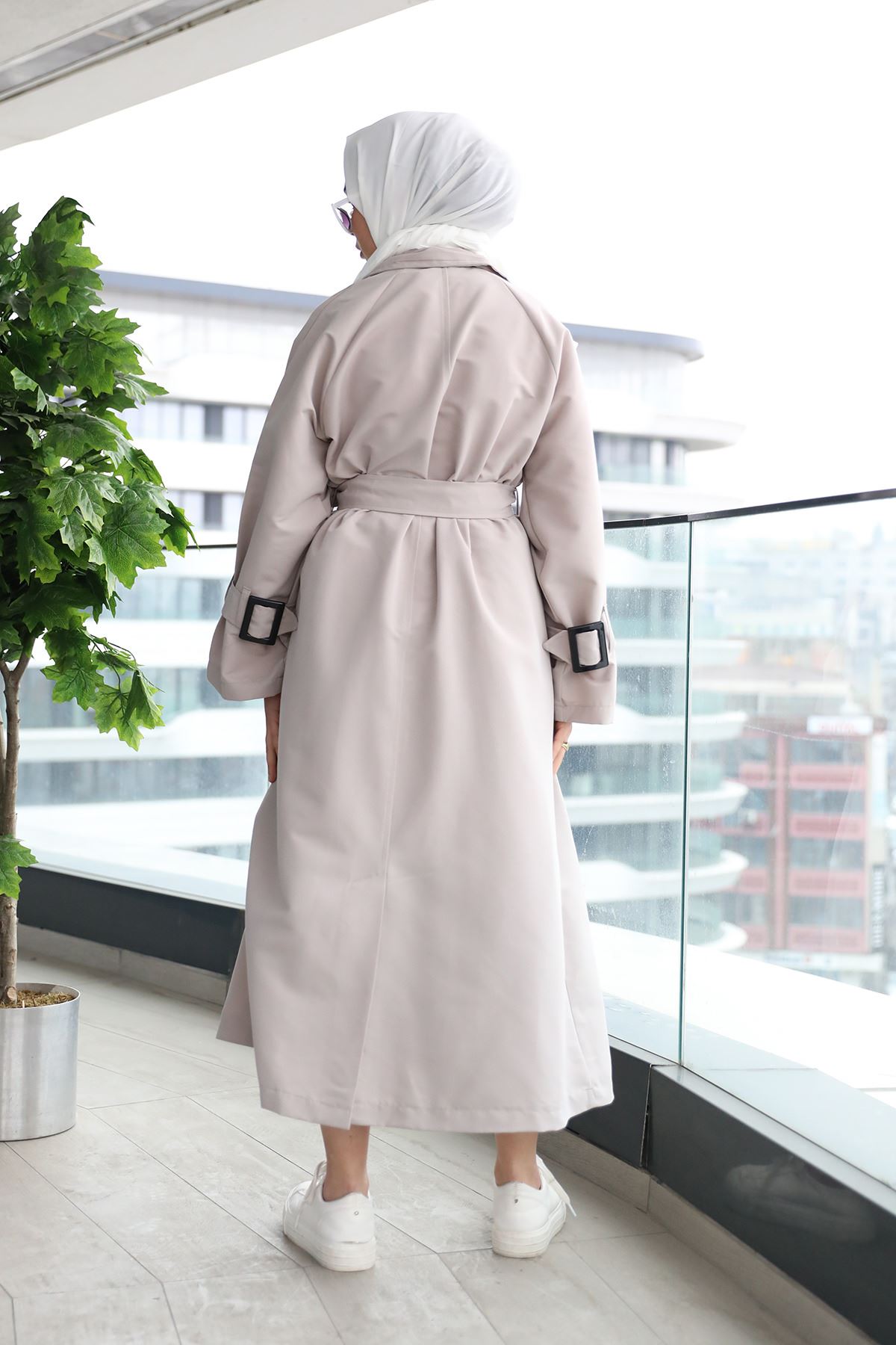 Kemerli Uzun Trençkot-Gri