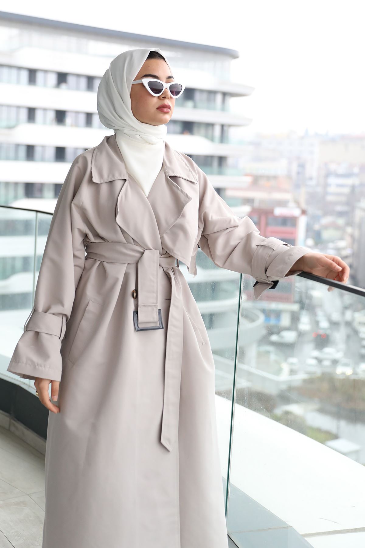 Kemerli Uzun Trençkot-Gri