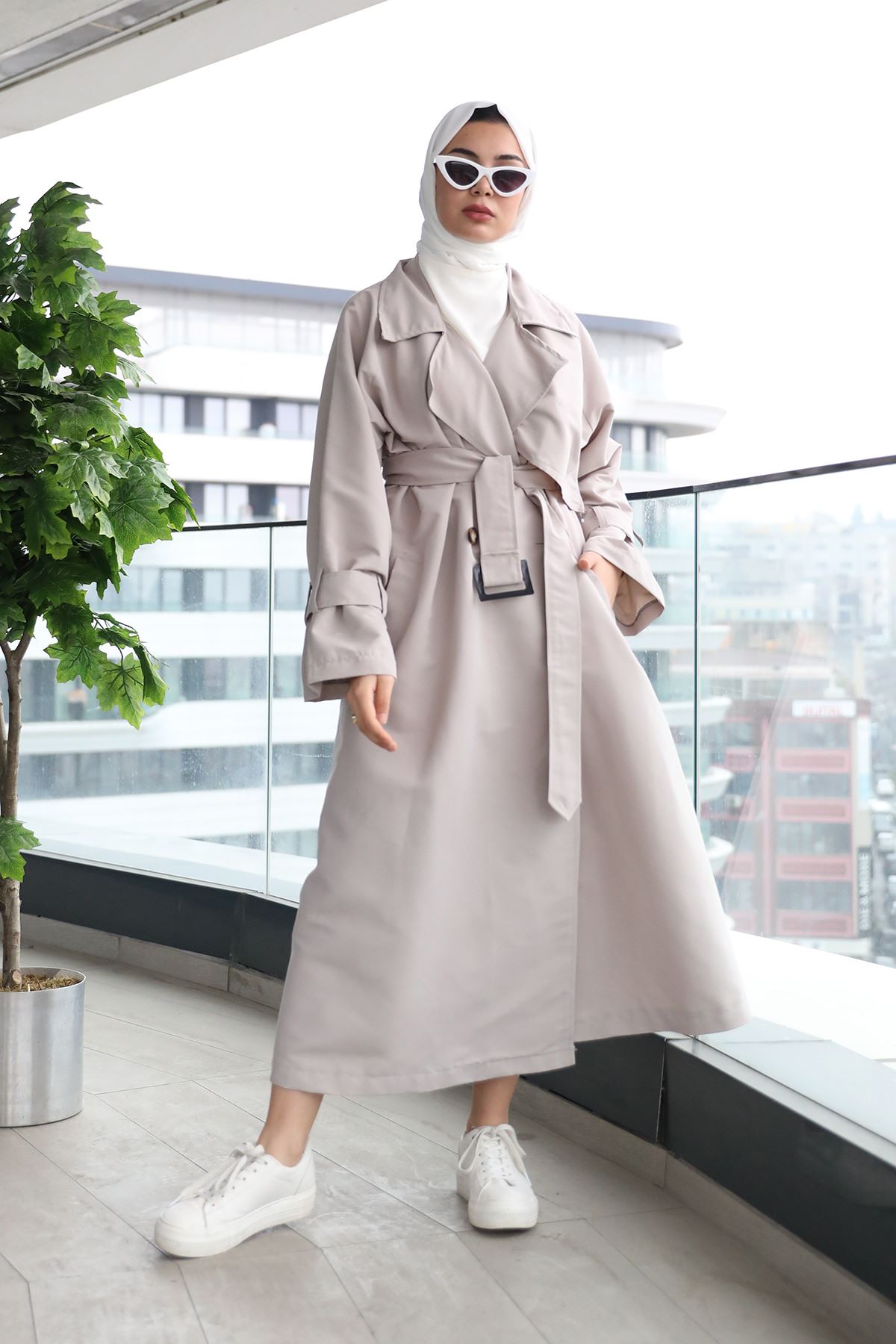 Kemerli Uzun Trençkot-Gri