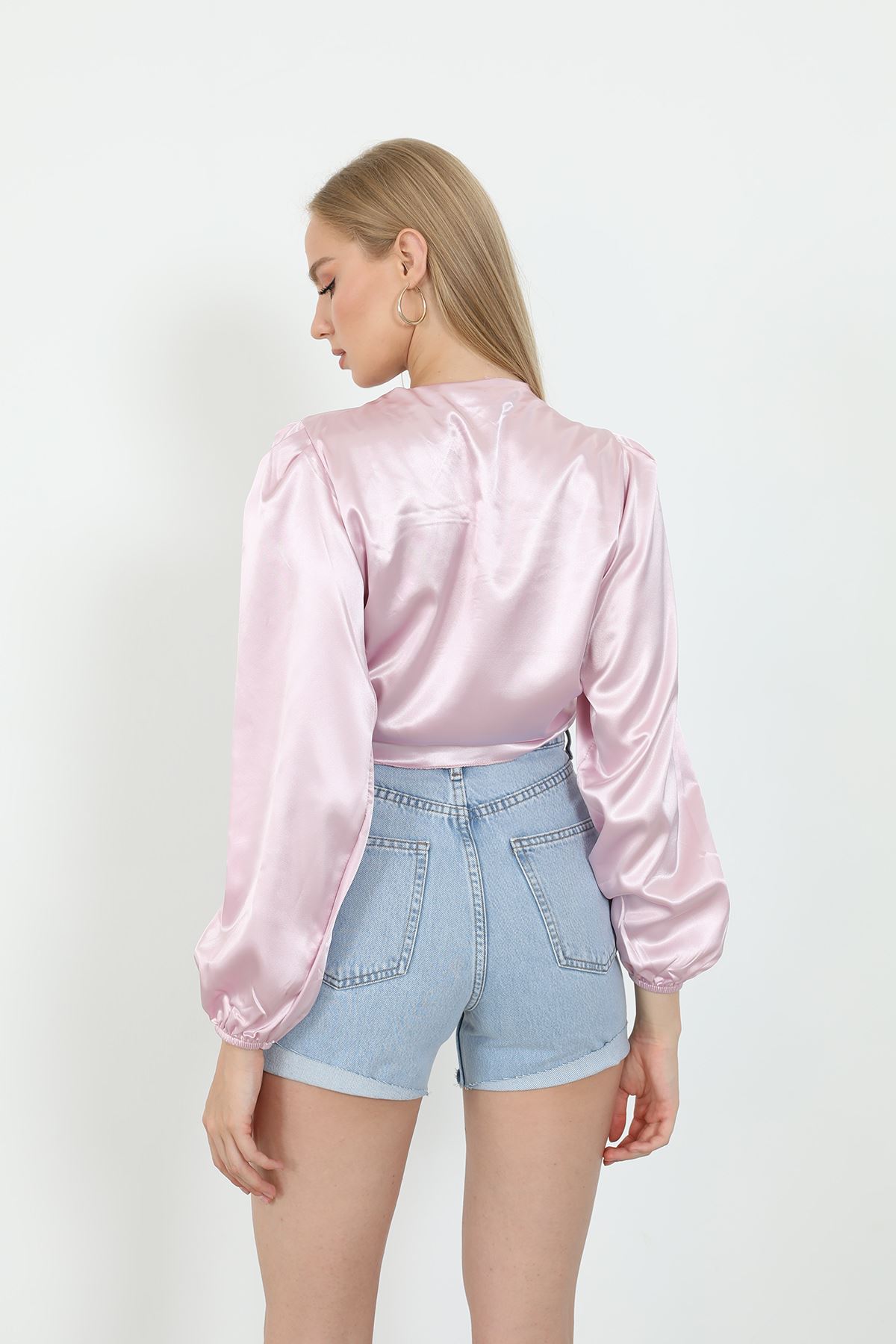 Bağlamalı Saten Bluz-TOZ PEMBE