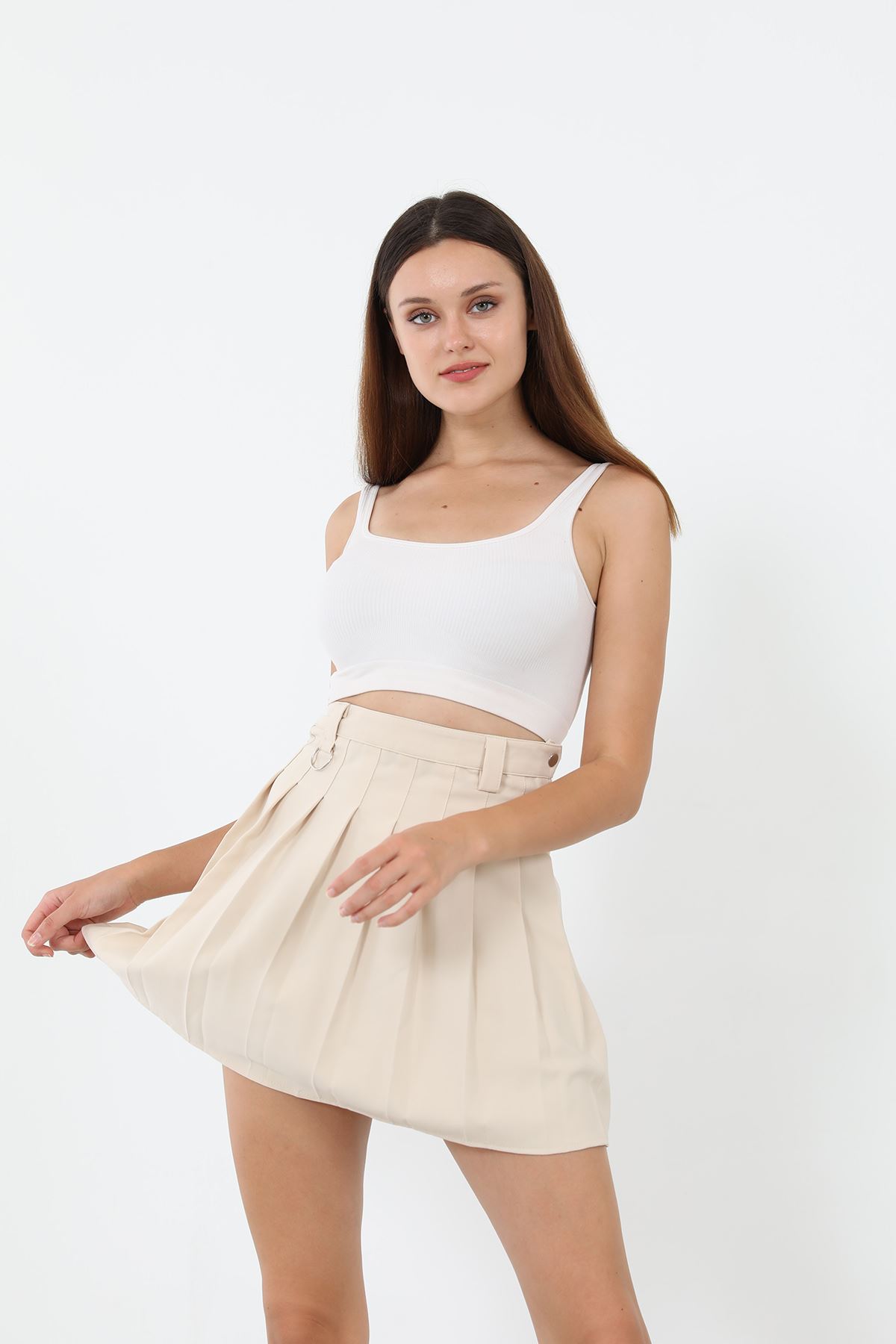 Pileli Mini Etek-Bej