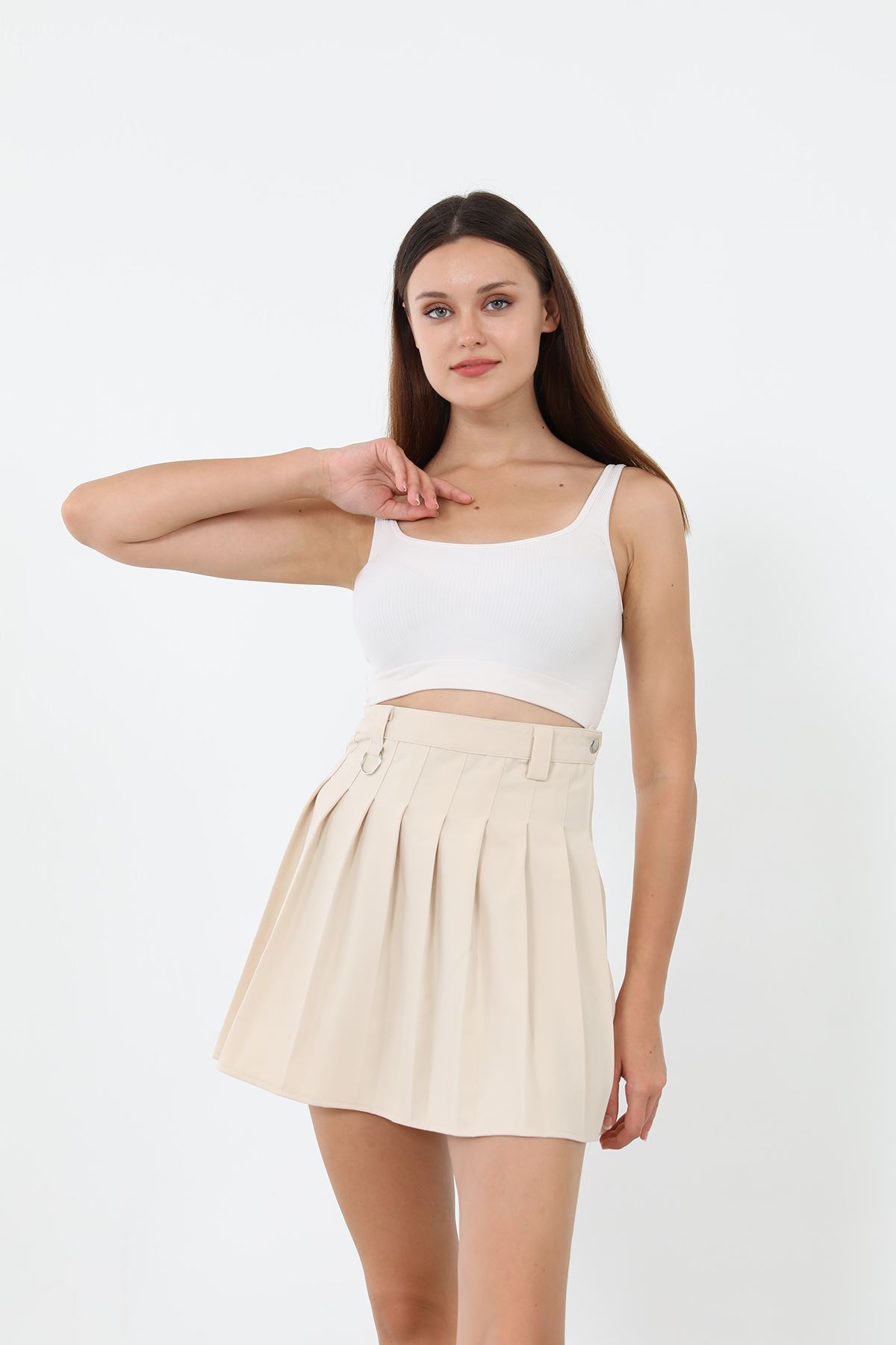 Pileli Mini Etek-Bej