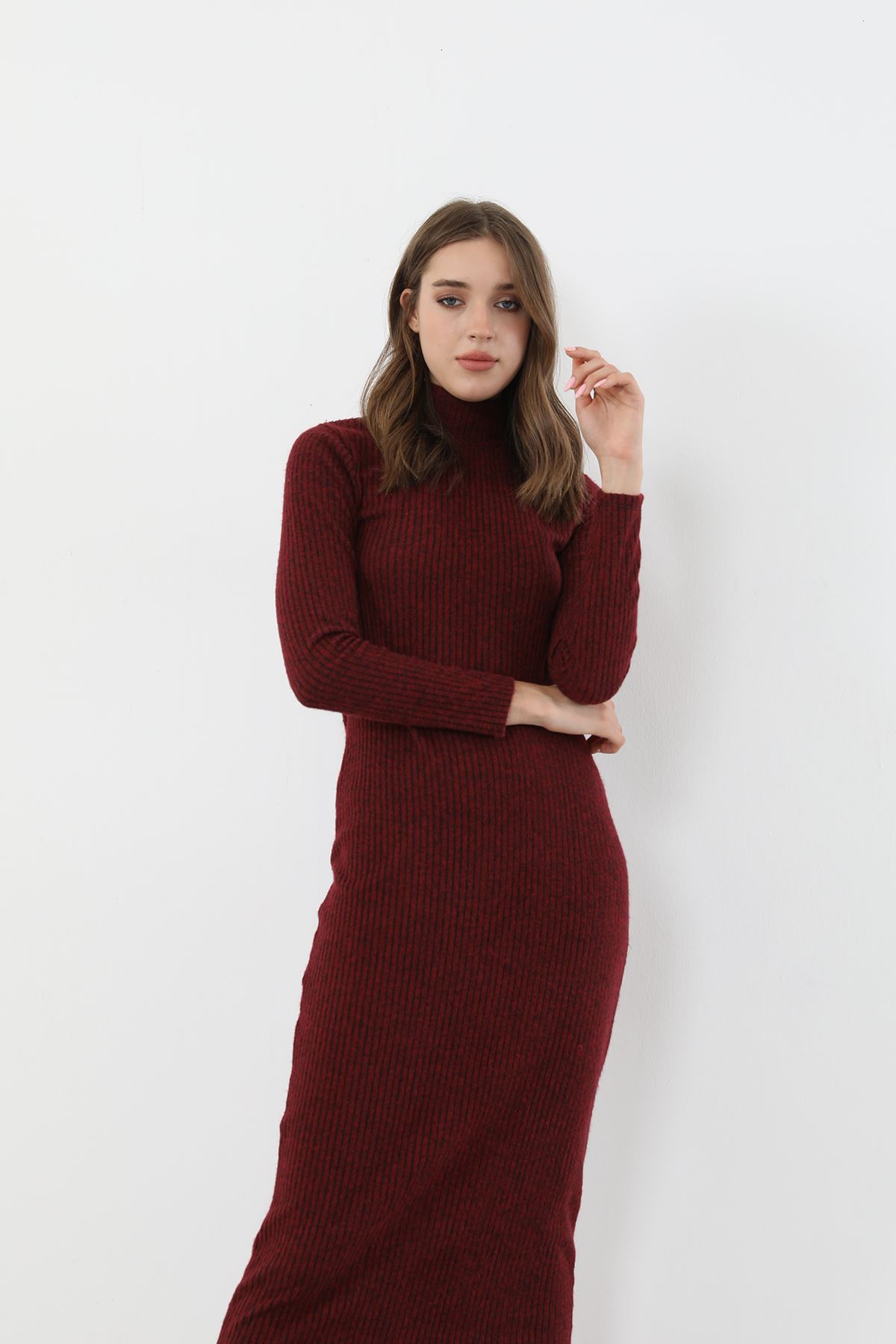 Dik Yaka Triko Elbise-Bordo