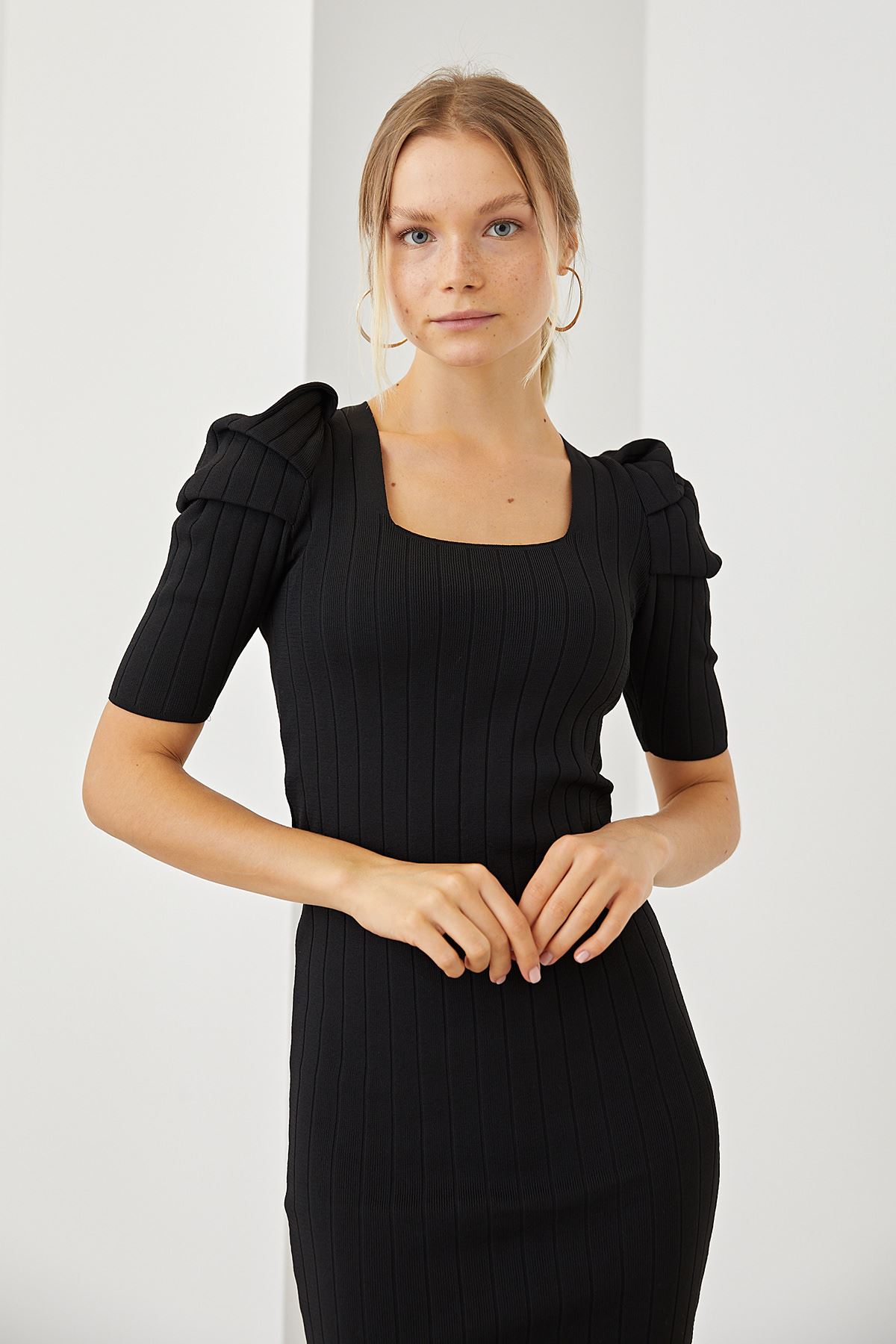 Balon Kol Triko Elbise-Siyah