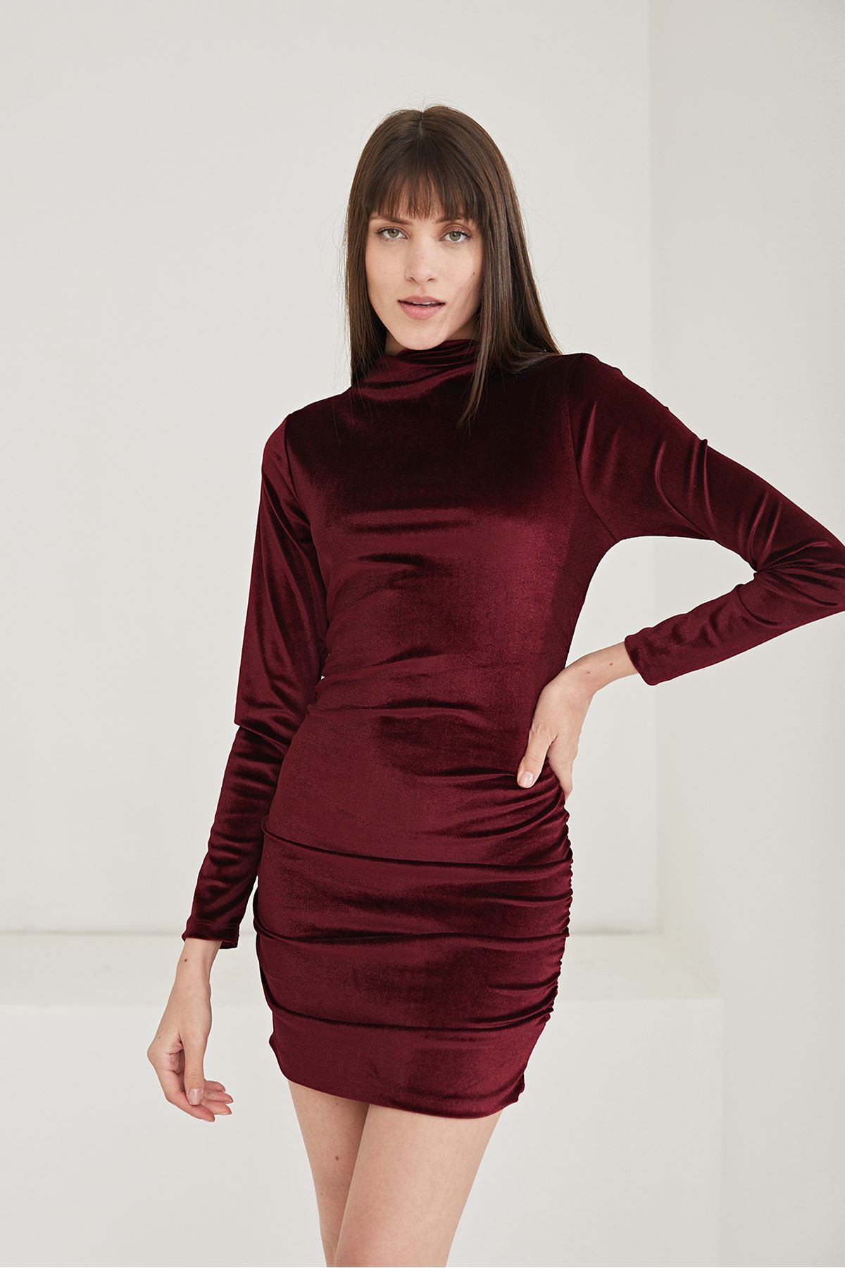 Kadife Mini Elbise-Bordo