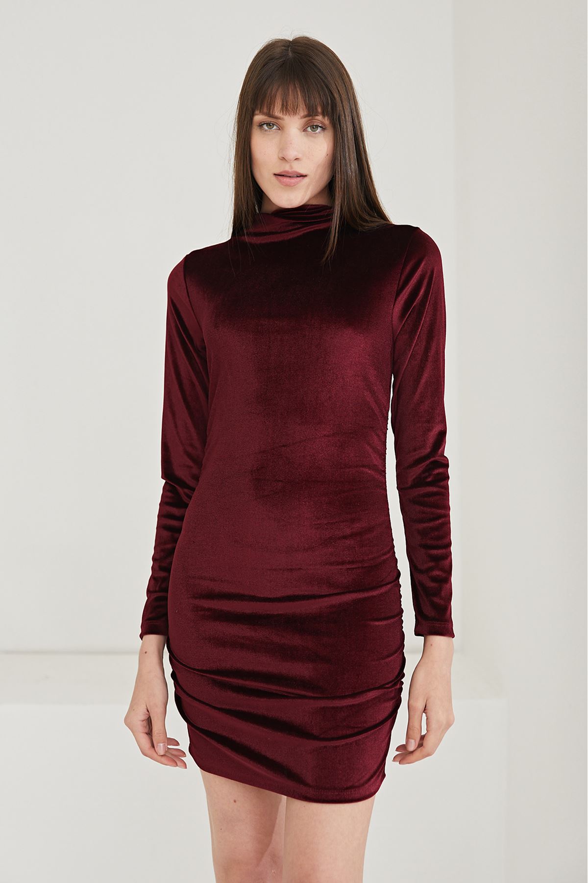 Kadife Mini Elbise-Bordo