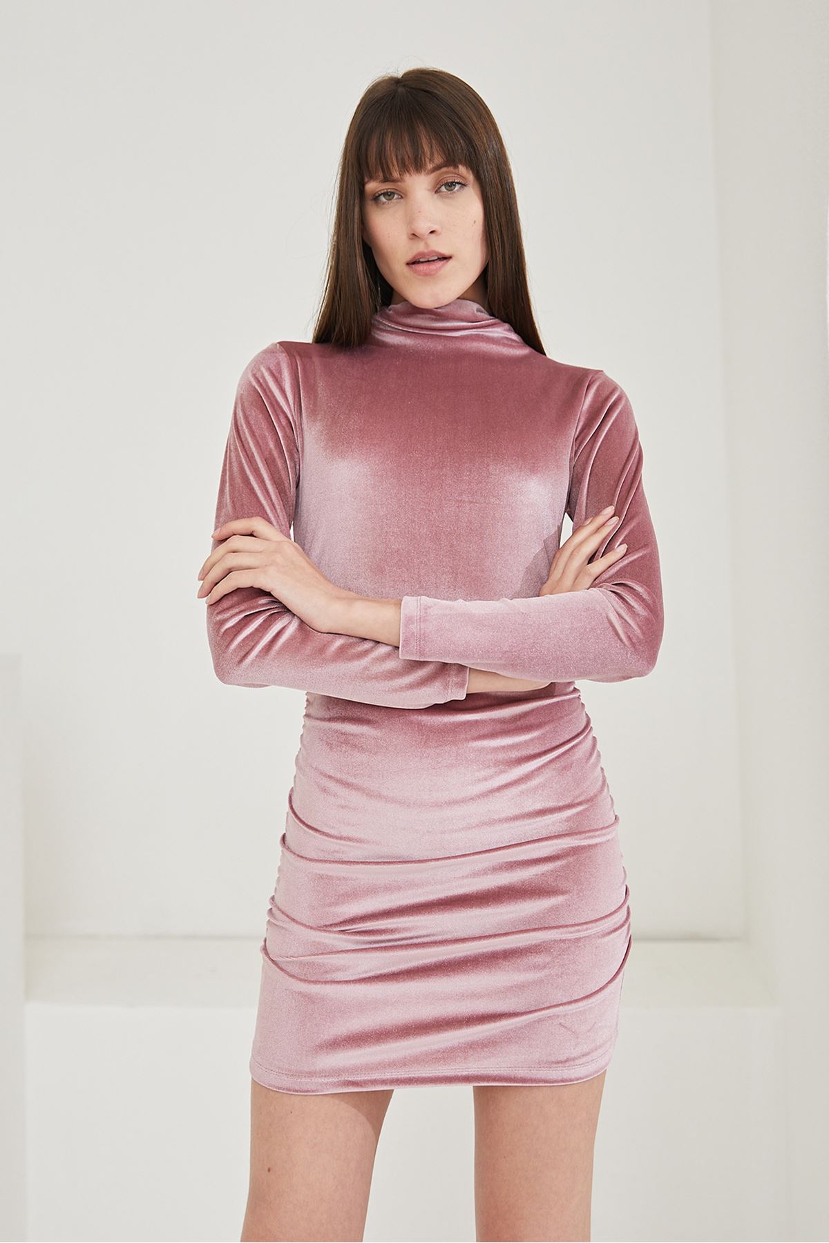 Kadife Mini Elbise-Pudra