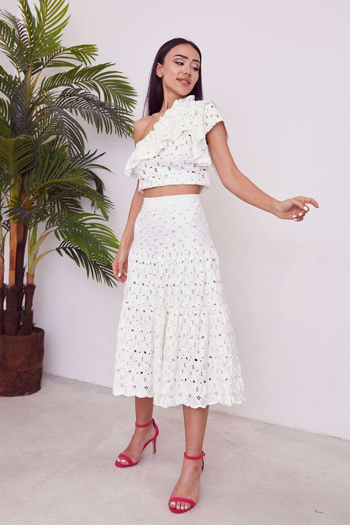 Fisto İşlemeli Etek Takım-Ekru