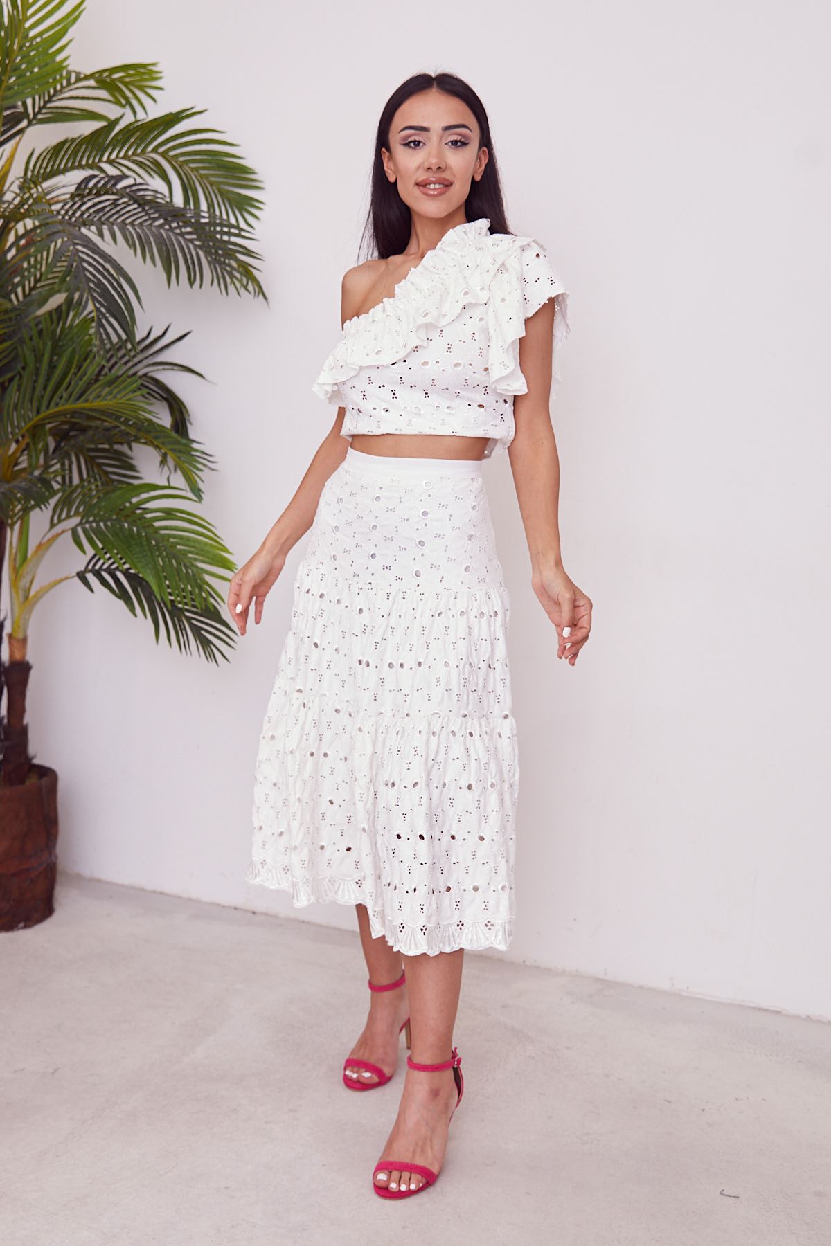 Fisto İşlemeli Etek Takım-Ekru