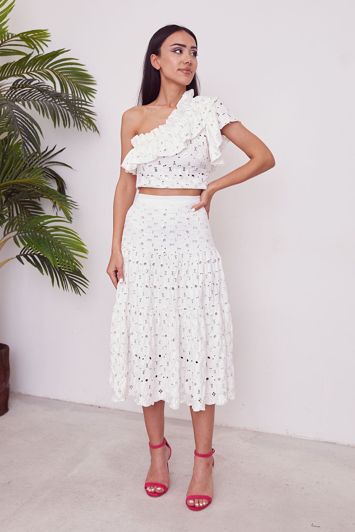 Fisto İşlemeli Etek Takım-Ekru