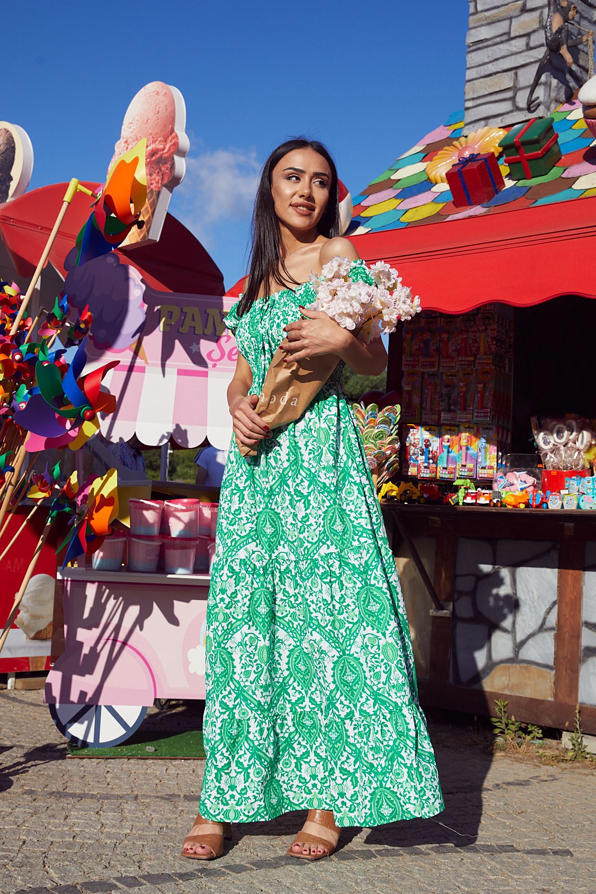 Desenli Poplin Elbise-Yeşil