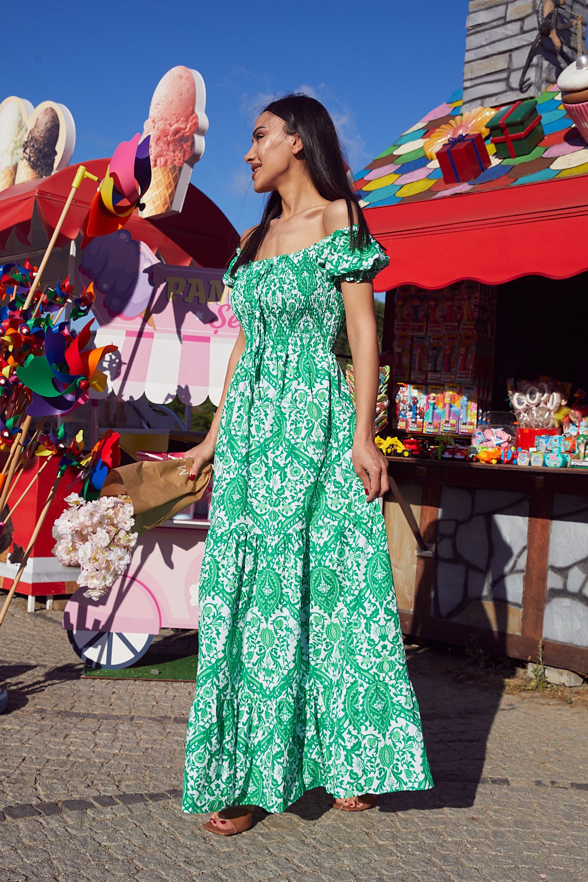 Desenli Poplin Elbise-Yeşil