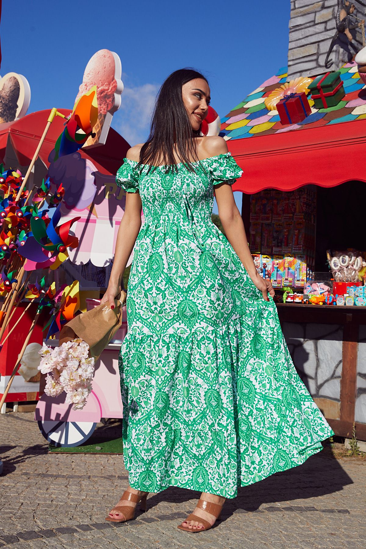 Desenli Poplin Elbise-Yeşil