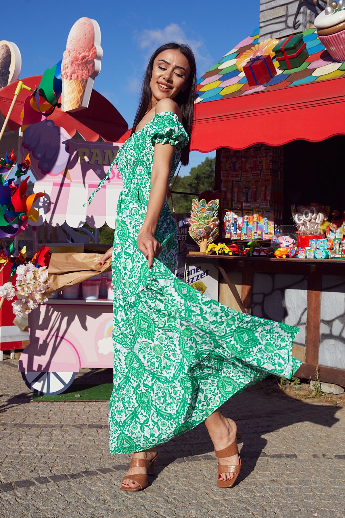 Desenli Poplin Elbise-Yeşil