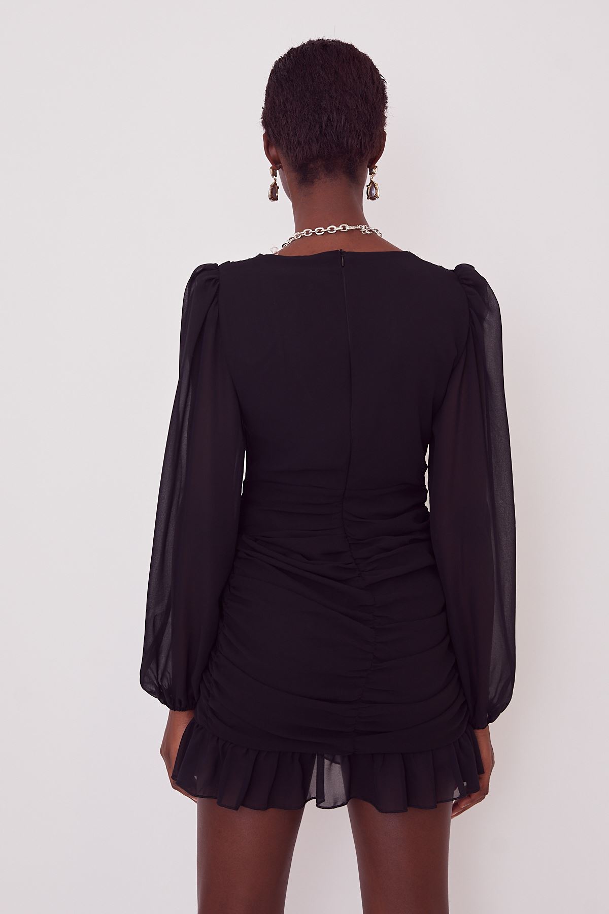 Kruvaze Büzgülü Elbise-Siyah