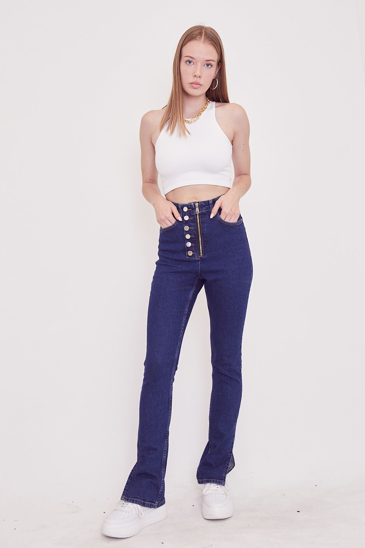 Fermuarlı Jean Pantolon-Mavi
