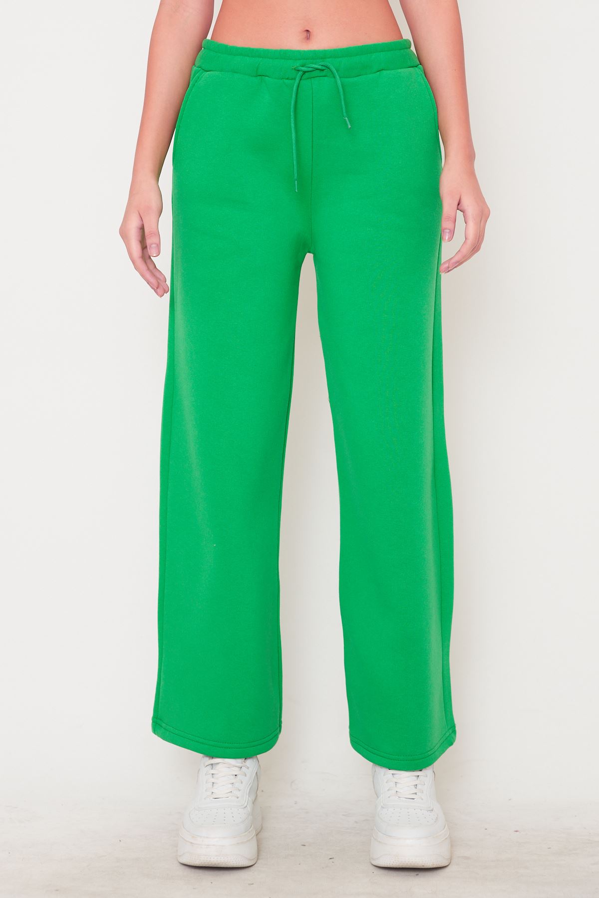 Bel Lastikli Paça Düz Pantolon-Yeşil