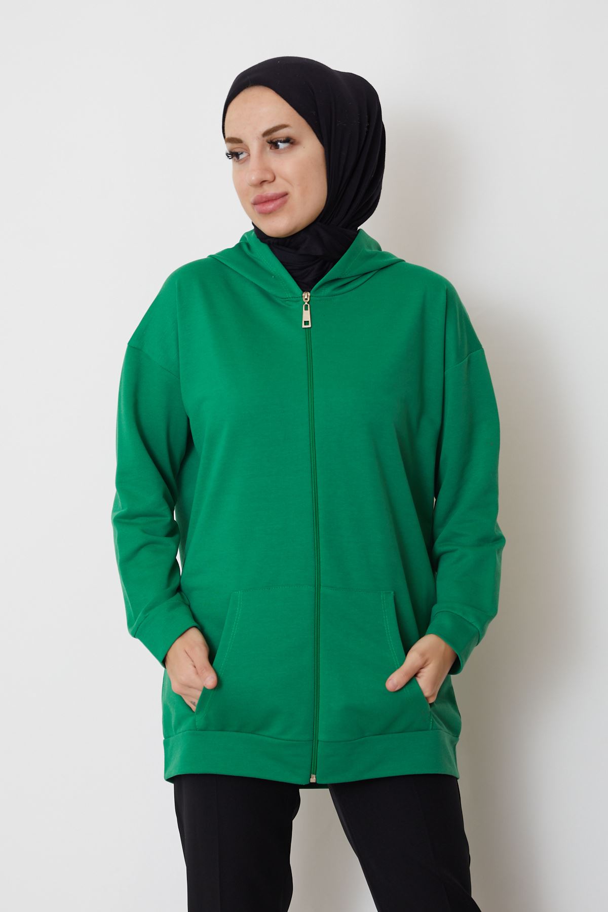 İki İplik Fermuarlı Sweatshirt-Yeşil