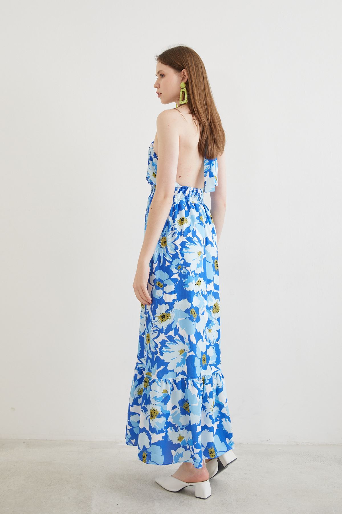 Çiçek Desen Elbise-Mavi