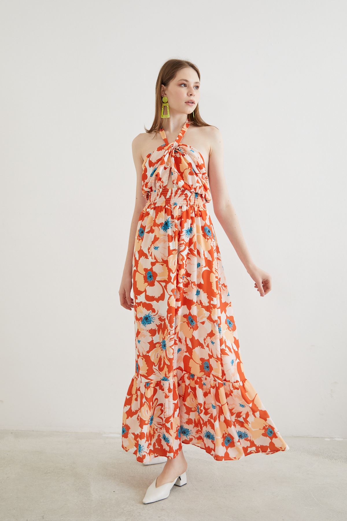 Çiçek Desen Elbise-Oranj