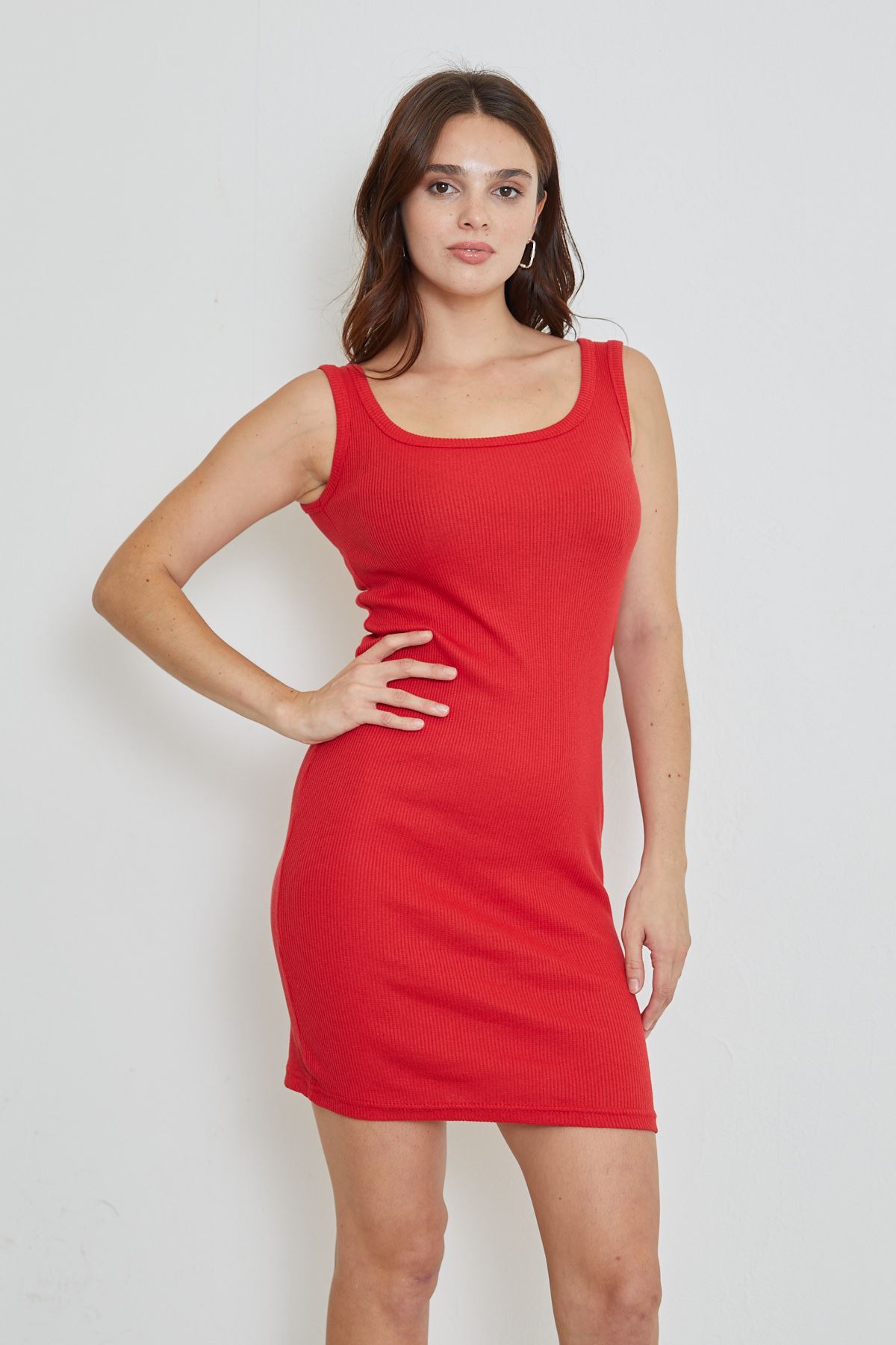 Kalın Askılı Elbise-Kırmızı