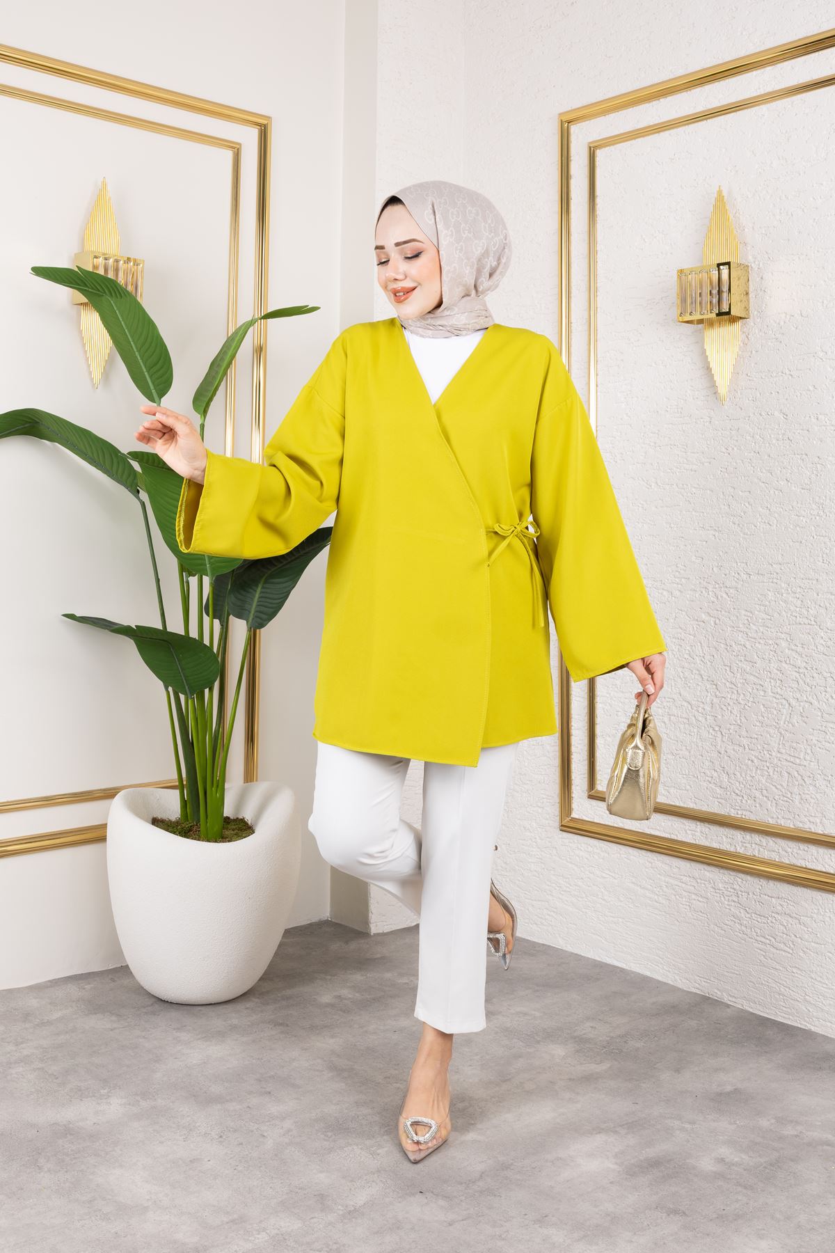 Yan Bağlamalı Atlas Tunik-YAĞ YEŞİLİ