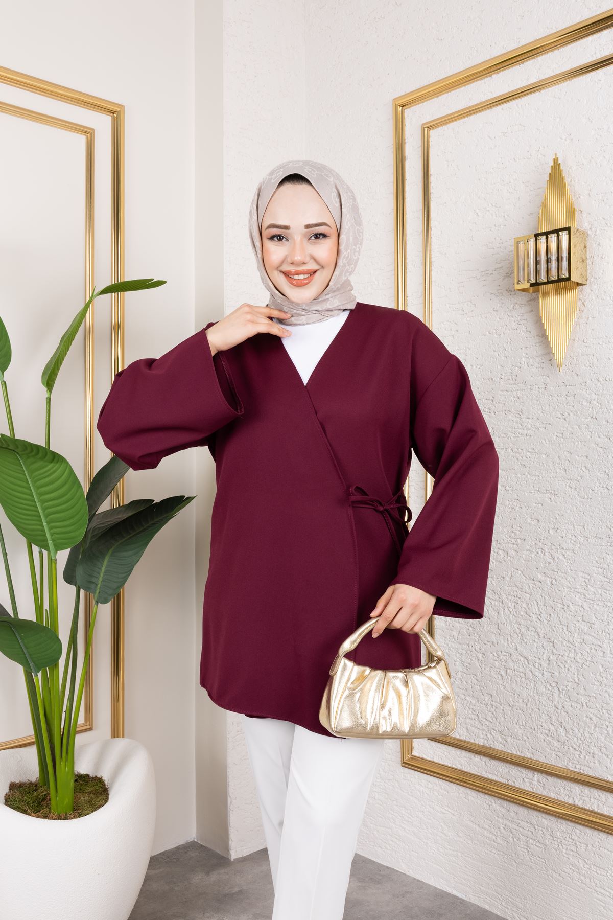 Yan Bağlamalı Atlas Tunik-Mürdüm